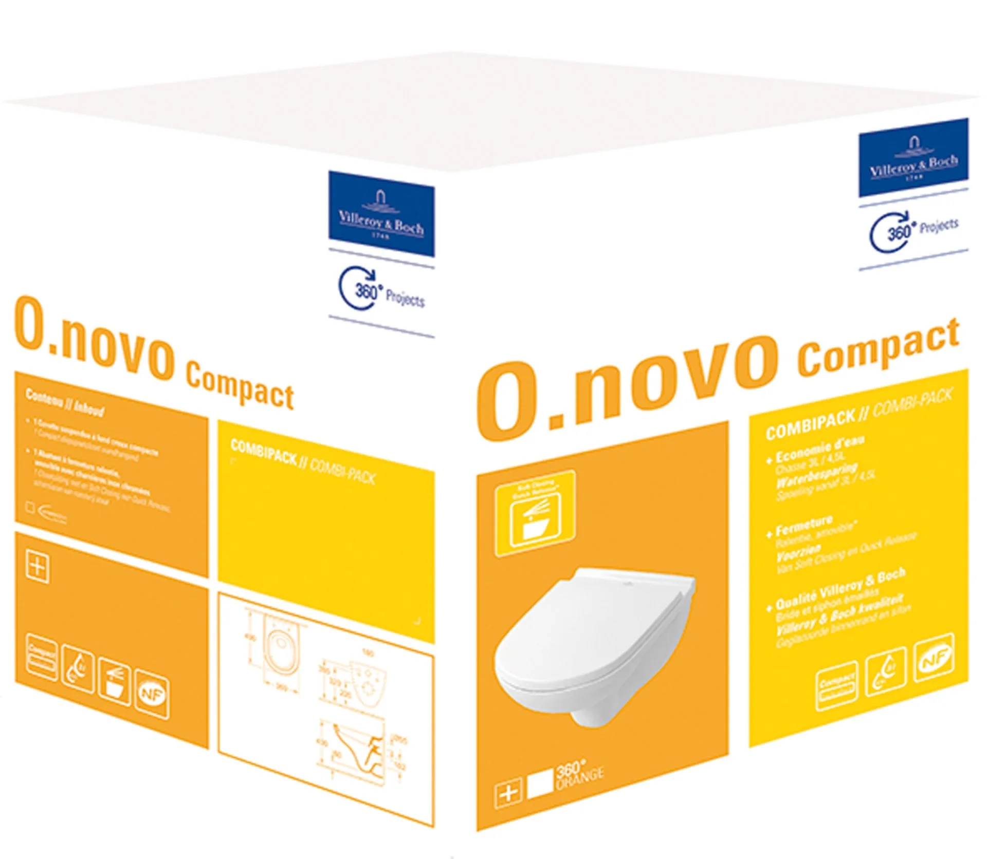VILLEROY&BOCH O.NOVO Tiefspül-WC mit WC-Sitz, Weiß, Combi-Pack Compact, CeramicPlus