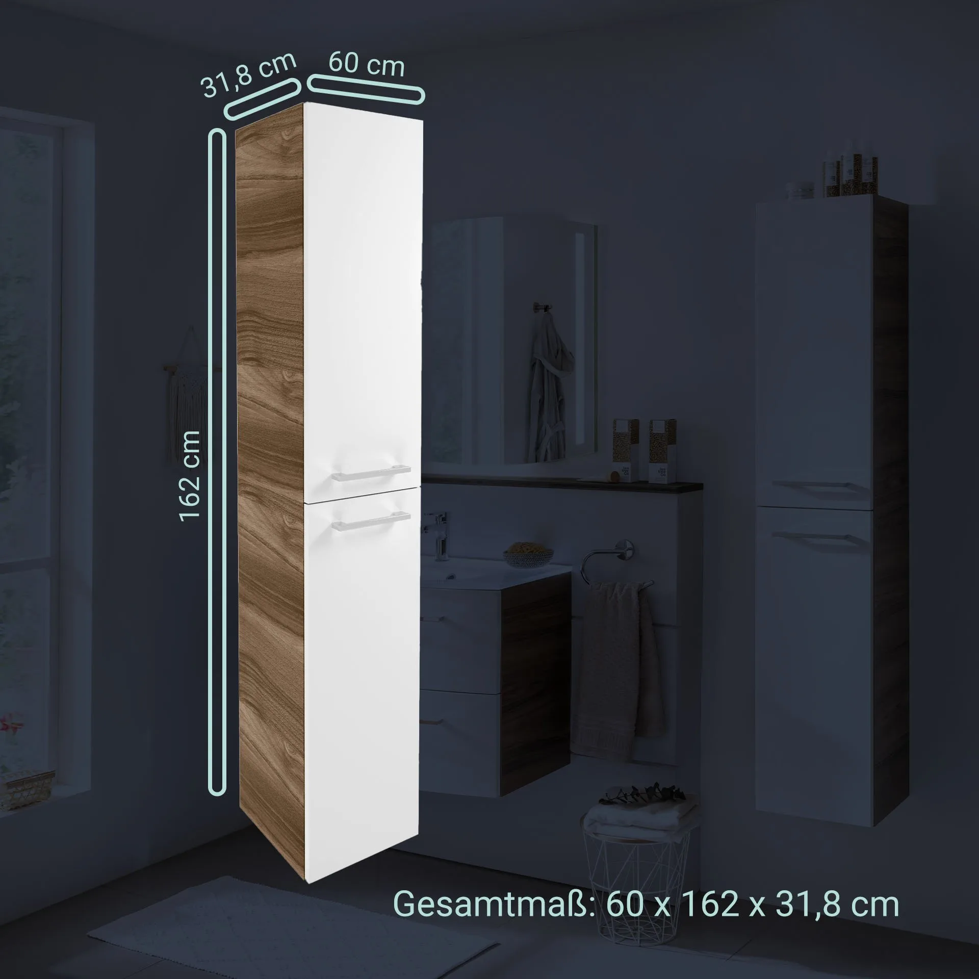 FACKELMANN VERONA Hochschrank 30 cm breit, Weiß Hochglanz/Braun Dunkel, Türanschlag rechts