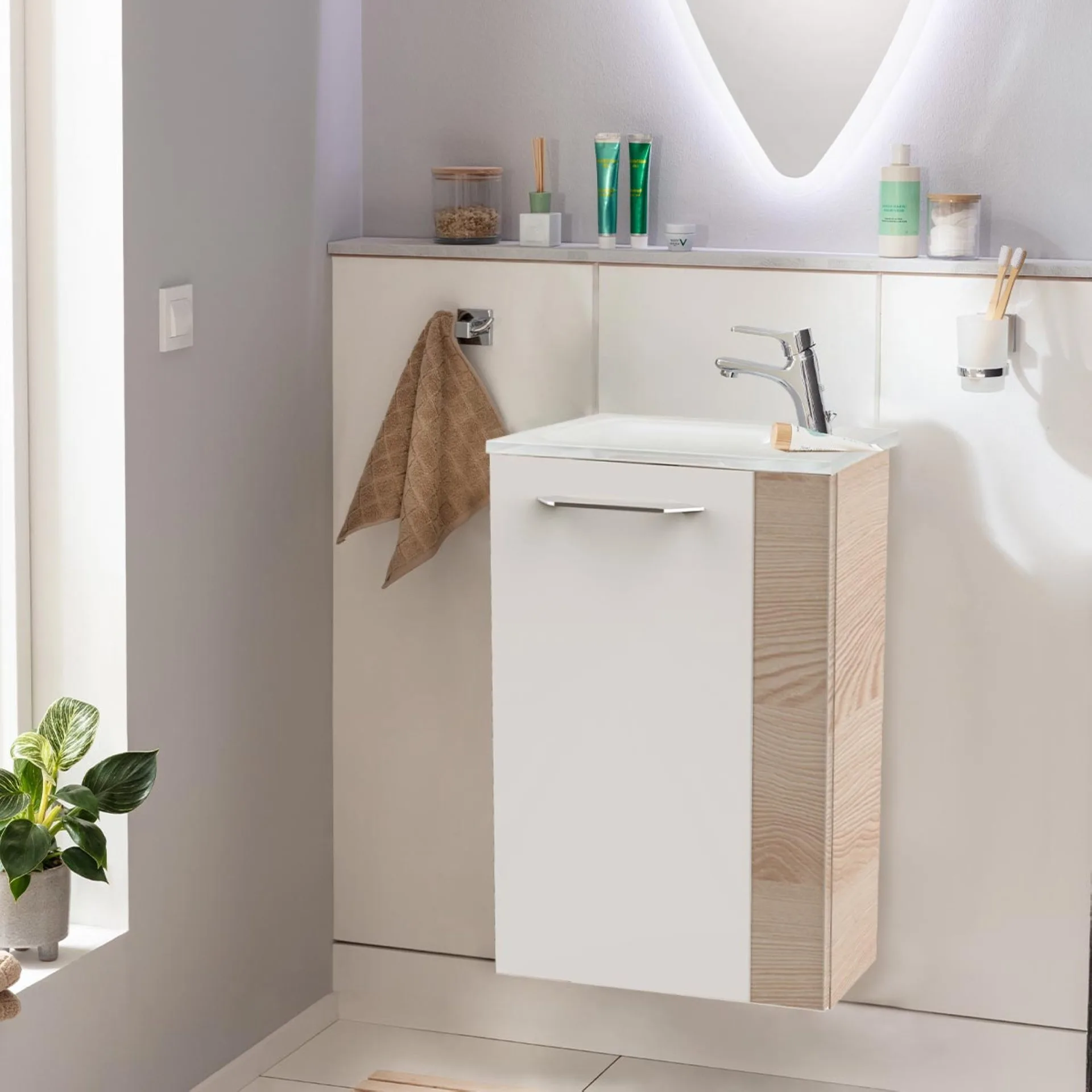 FACKELMANN SBC B.CLEVER Gäste WC Waschtisch Set 45 cm breit, Weiß/Braun hell, Waschbecken Glas Weiß, Türanschlag links