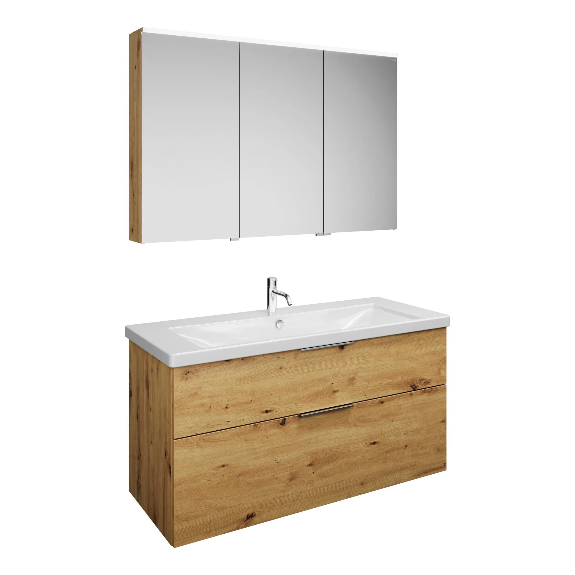 Burgbad EQIO Waschtisch Set mit Spiegelschrank 123 cm breit, Braun, Waschbecken Keramik Weiß, 3-türig Anschlag links