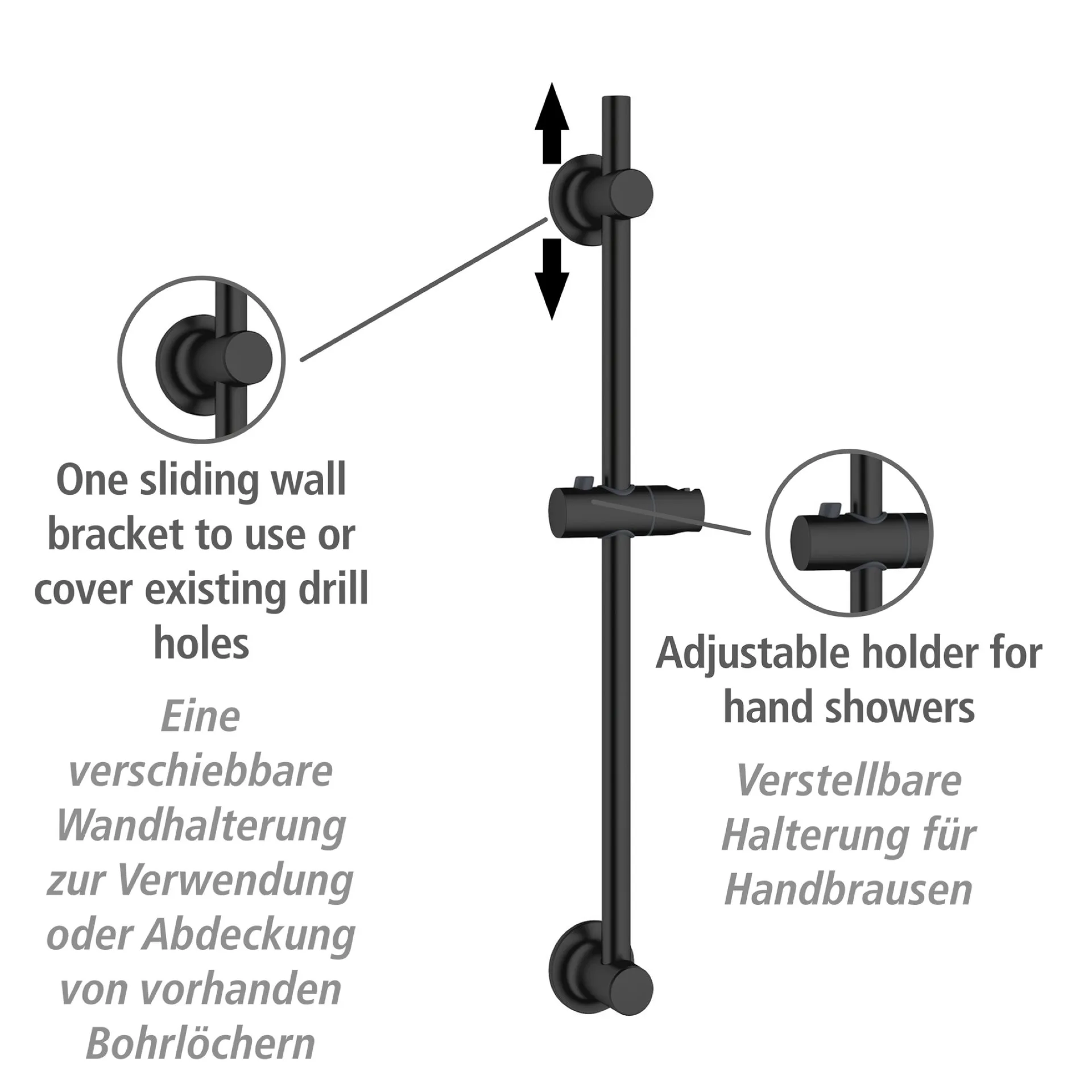 WENKO Duschstange 70 cm, Schwarz, Befestigen ohne Bohren