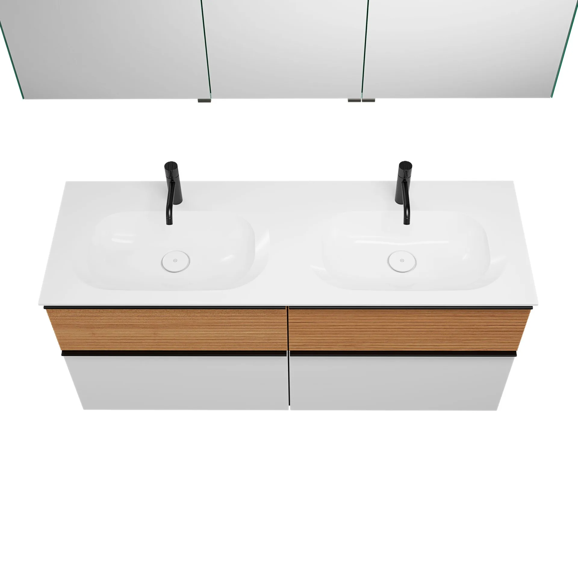 Burgbad FIUMO Waschtisch Set mit Spiegelschrank 142 cm breit, Braun/Weiß, Doppelwaschbecken Gussmarmor Weiß, 4 Schubladen, Anschlag links