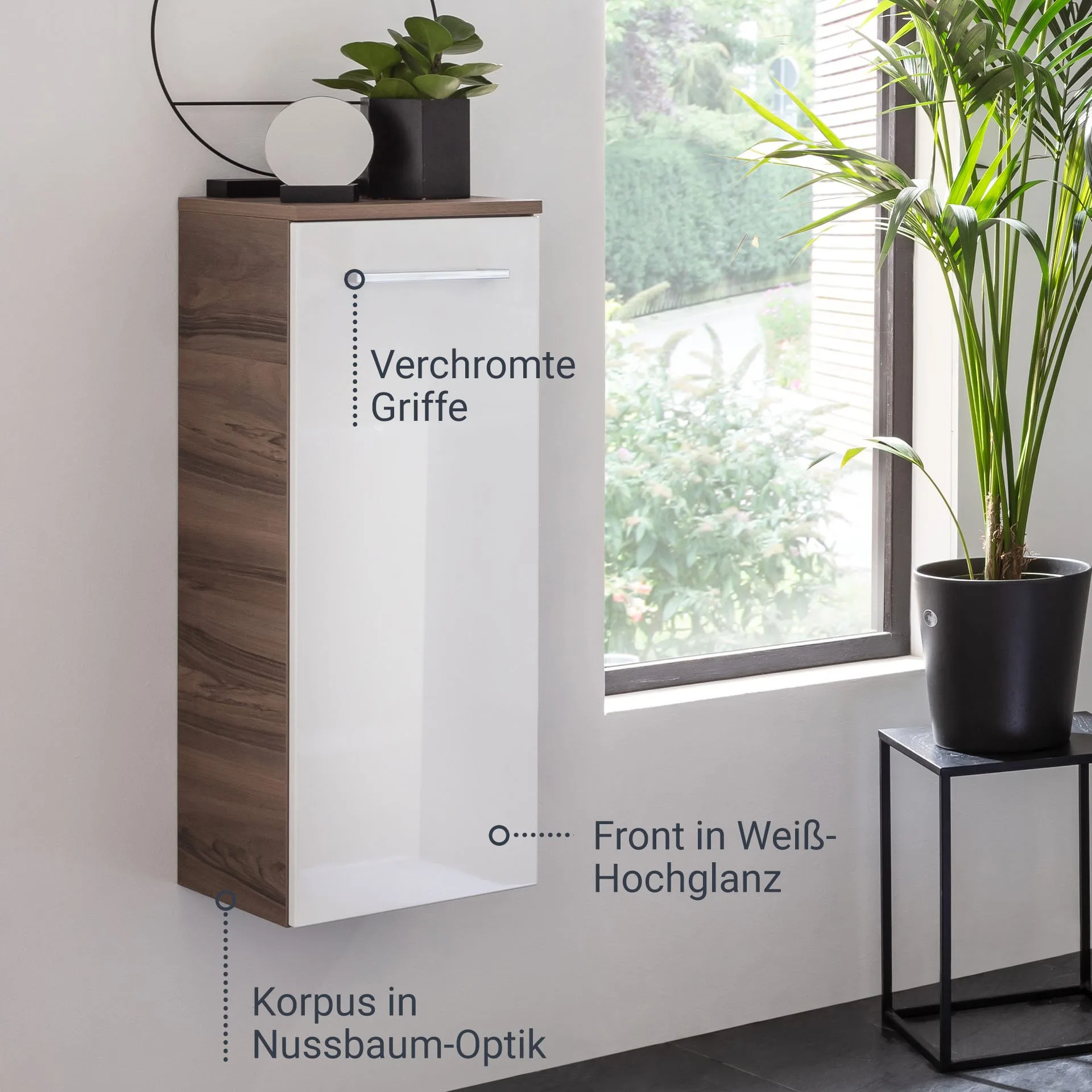 FACKELMANN VERONA Midischrank 30 cm breit, Weiß Hochglanz/Braun Dunkel, Türanschlag links