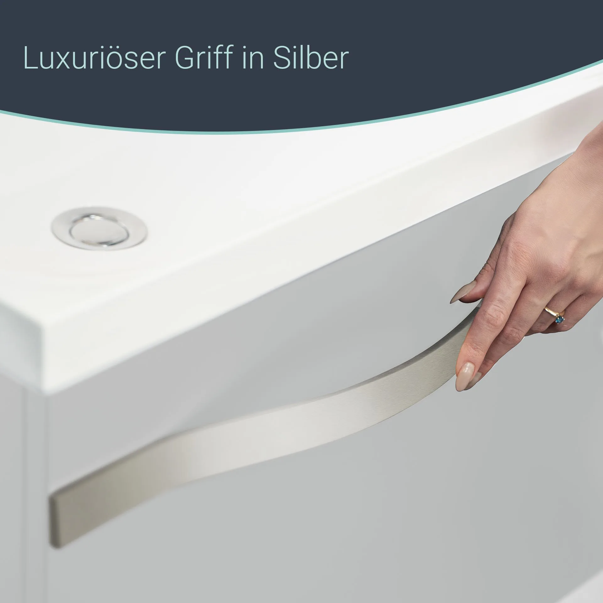 BADEDU FILS Waschbecken mit Unterschrank 69 cm breit, Weiß, Waschbecken Gussmarmor Weiß, Griff Silber