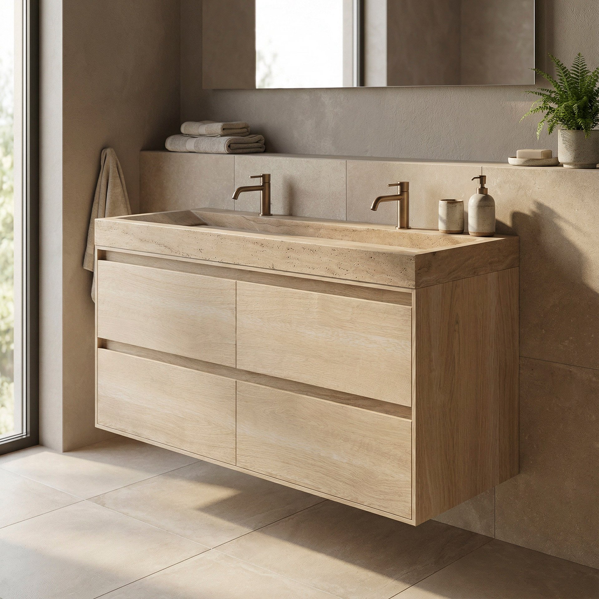 FORZALAQUA IBIZA BELLEZZA Waschbecken mit Unterschrank 120 cm breit, Braun hell, Natursteinwaschbecken Travertin matt mit zwei Hahnlöchern, 4 Schubladen
