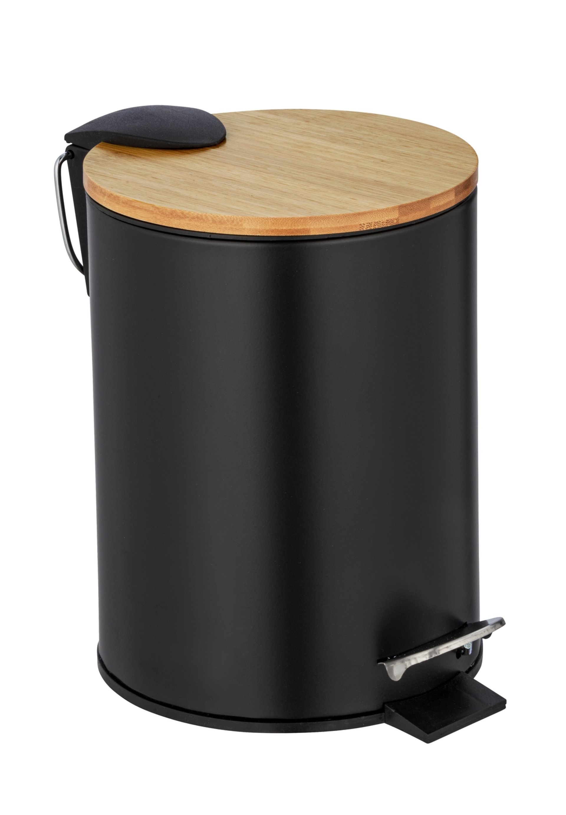 WENKO TORTONA Kosmetikeimer 3 Liter, Schwarz/Braun, mit Bambusdeckel, mit Absenkautomatik