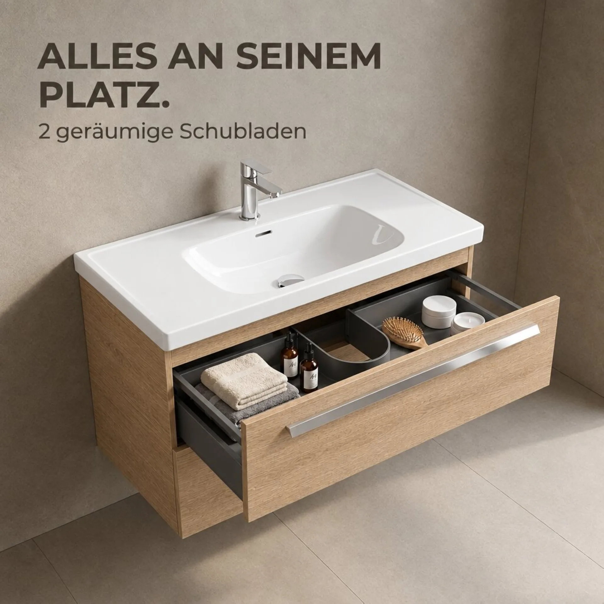 BADEDU TESSANO Waschbecken mit Unterschrank 90 cm breit, Braun hell, Waschbecken Keramik Weiß
