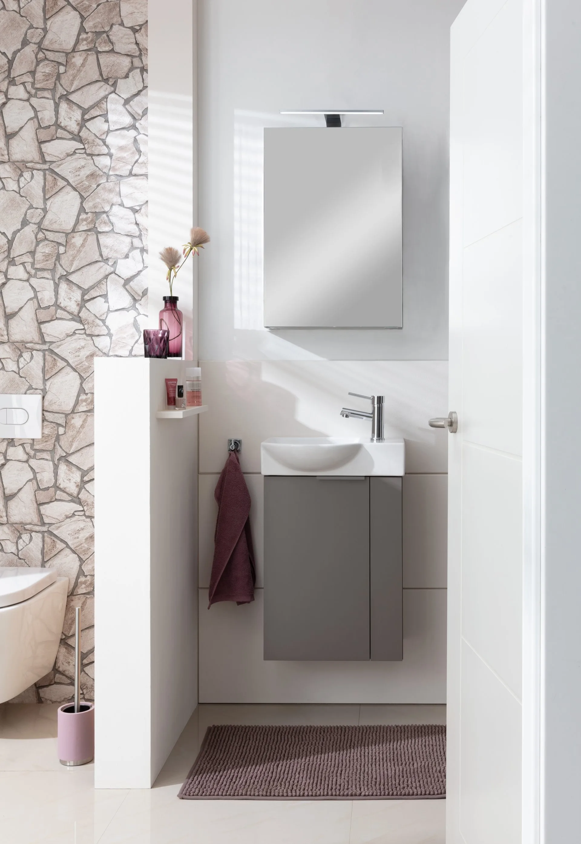 FACKELMANN SBC B.PARIS Gäste WC Waschtisch Set 45 cm breit, Grau, Waschbecken Keramik Weiß, Hahnloch rechts, Türanschlag links
