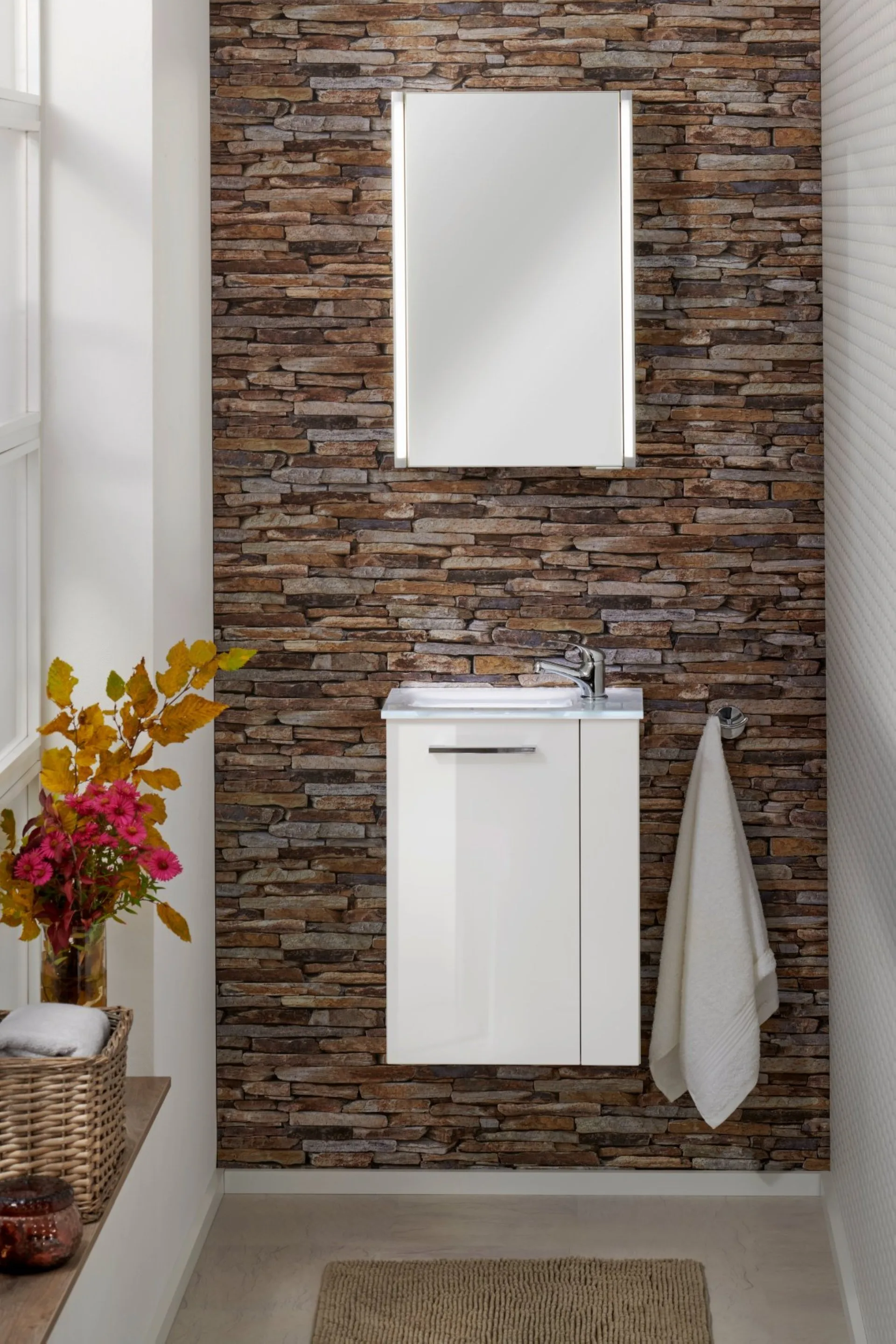 FACKELMANN SBC SCENO Gäste WC Waschtisch Set mit Spiegel 45 cm breit, Weiß, Waschbecken Glas Weiß, Türanschlag links