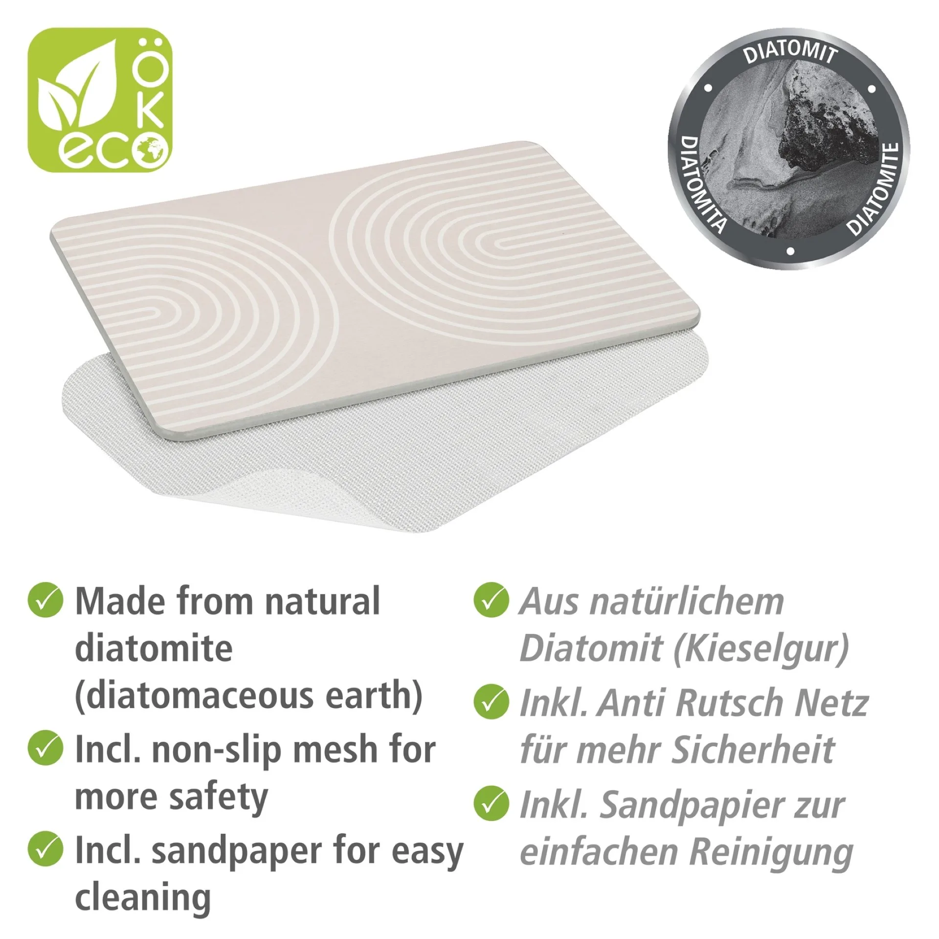 WENKO NAZCA Badematte 60 x 39 cm, Grau, aus natürlichem Diatomit