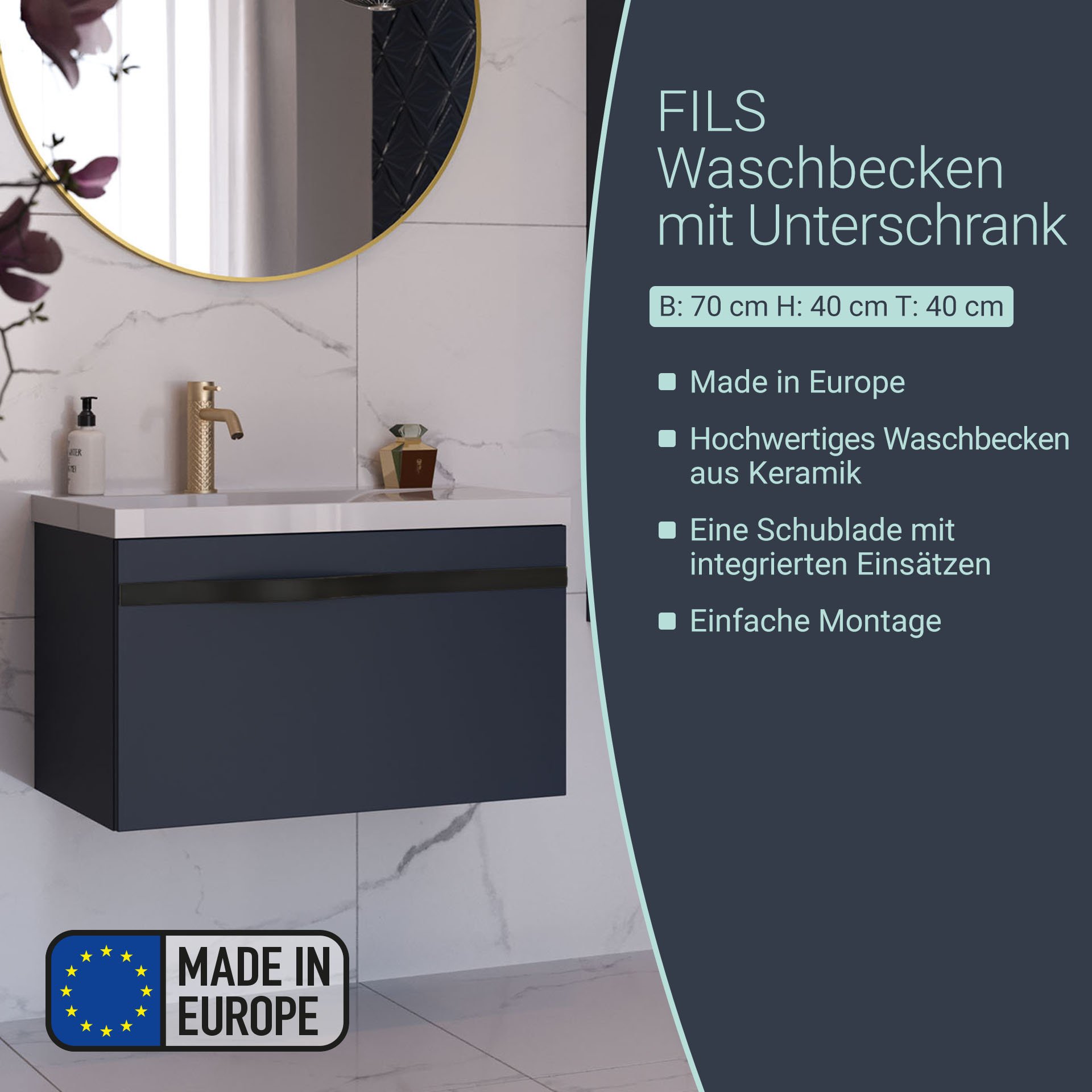 BADEDU FILS Waschbecken mit Unterschrank 69 cm breit, Blau, Waschbecken Gussmarmor Weiß, Griff Schwarz