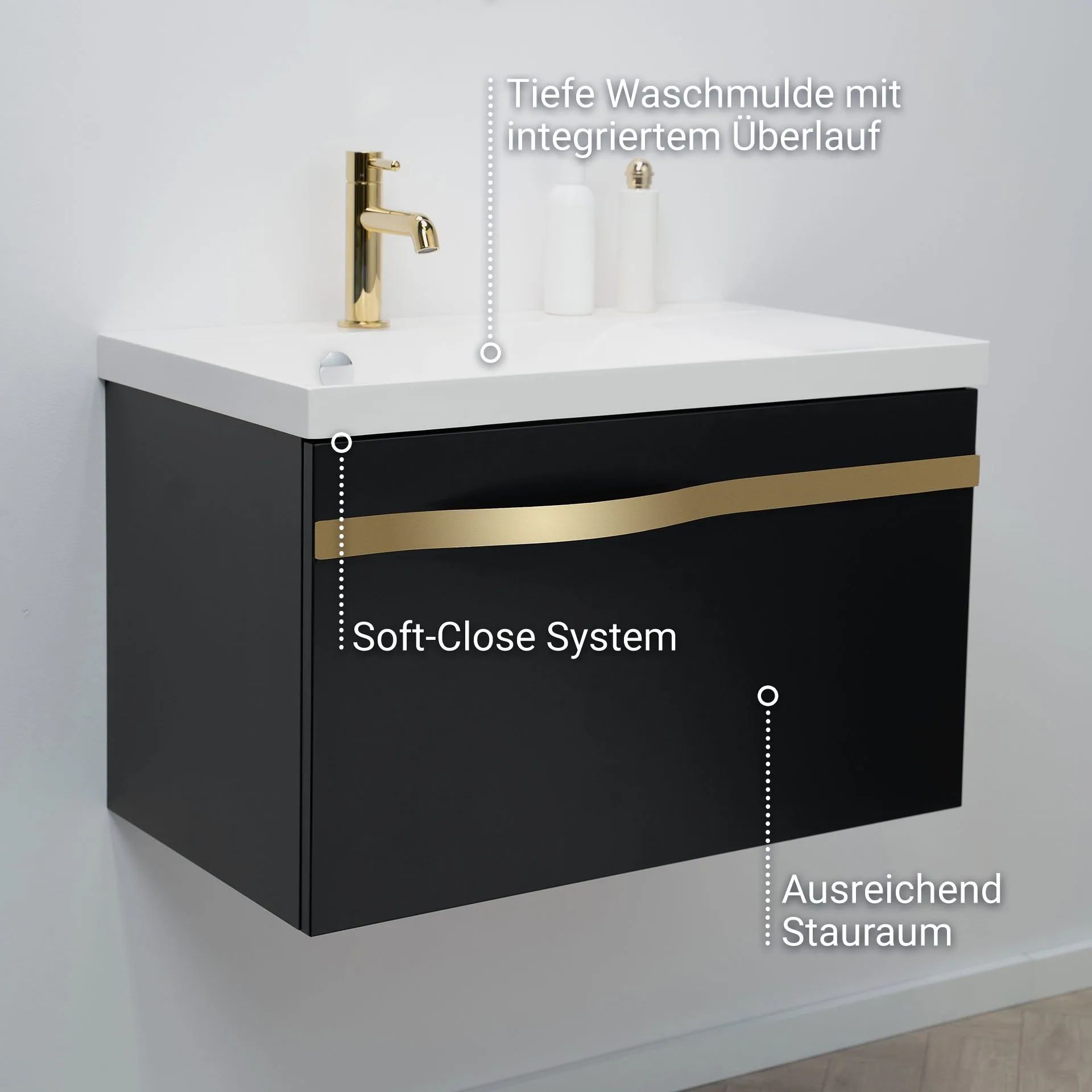BADEDU FILS Waschbecken mit Unterschrank 69 cm breit, Schwarz, Waschbecken Gussmarmor Weiß, Griff Gold