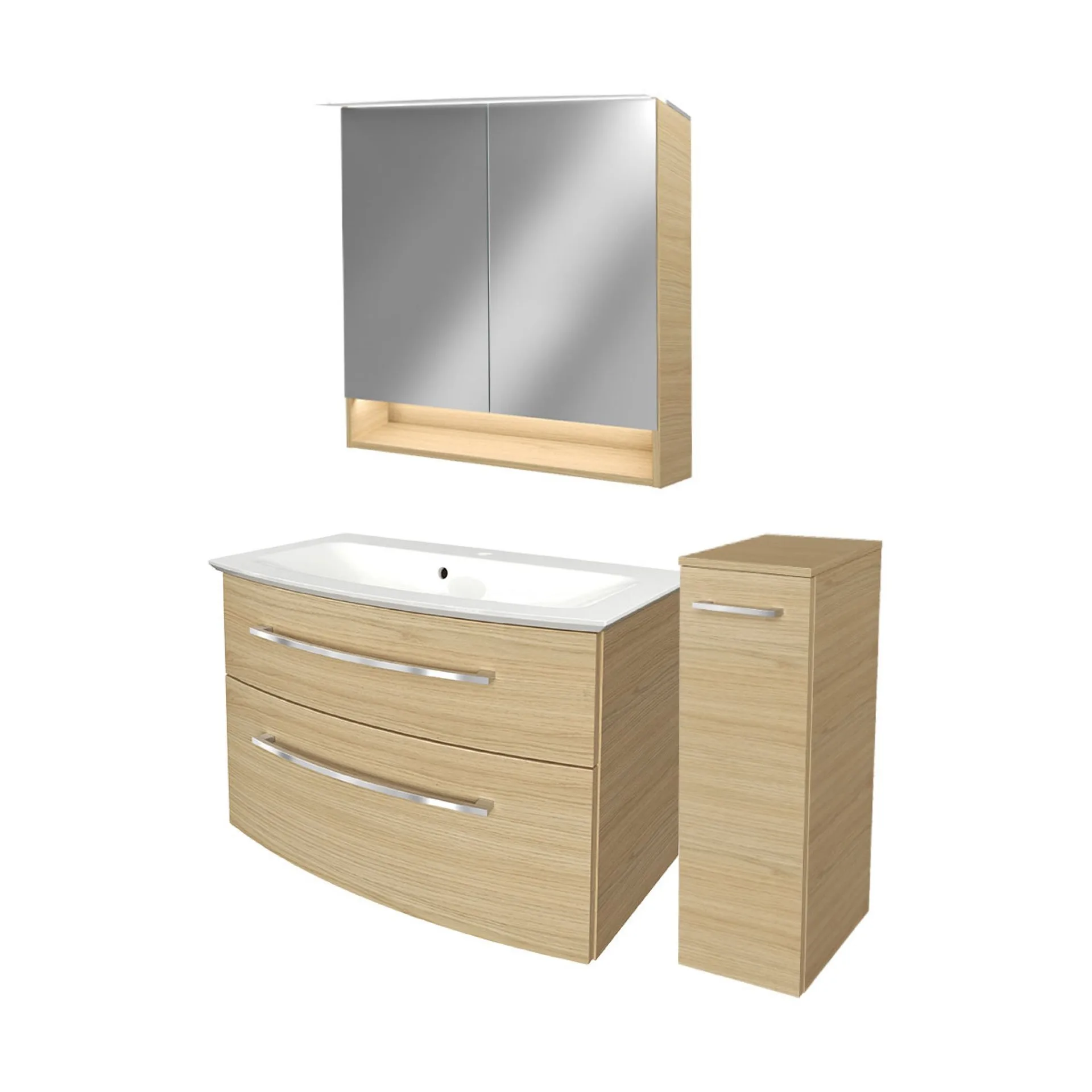FACKELMANN B.STYLE Badmöbel Set 4-teilig 83 cm breit, Braun, Waschbecken Gussmarmor Weiß + LED-Spiegelschrank + Midischrank Türanschlag rechts