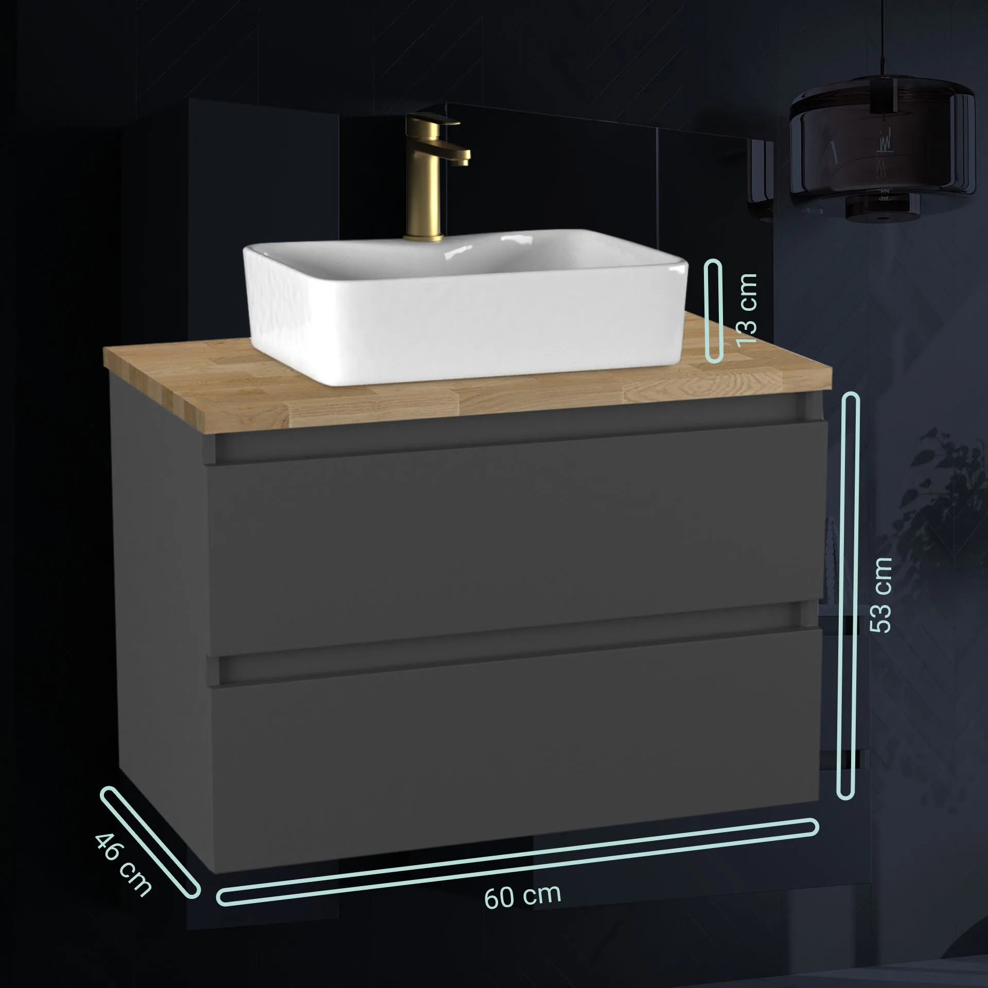 BADEDU GERS Waschbecken mit Unterschrank 80 cm breit, Grau, Aufsatzwaschbecken Keramik Weiß, Waschtischplatte Braun hell