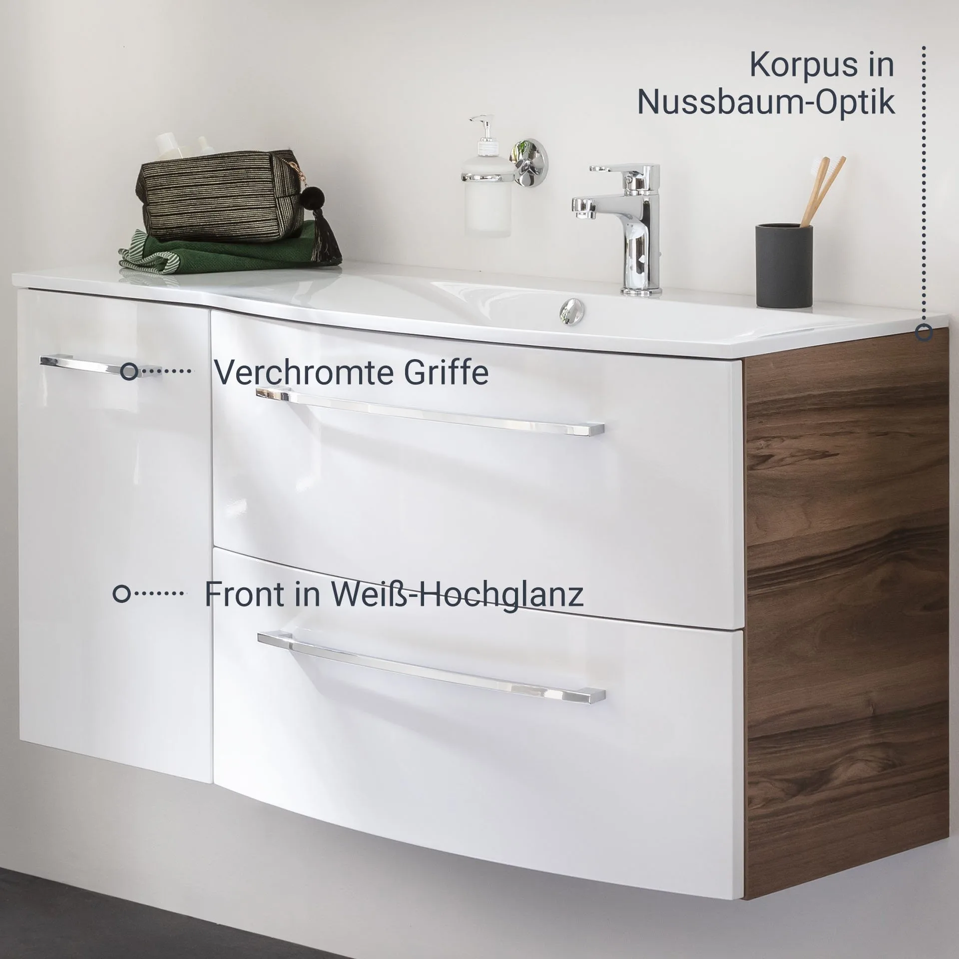 FACKELMANN VERONA Unterschrank 35 cm breit, Weiß Hochglanz/Braun Dunkel, Türanschlag links