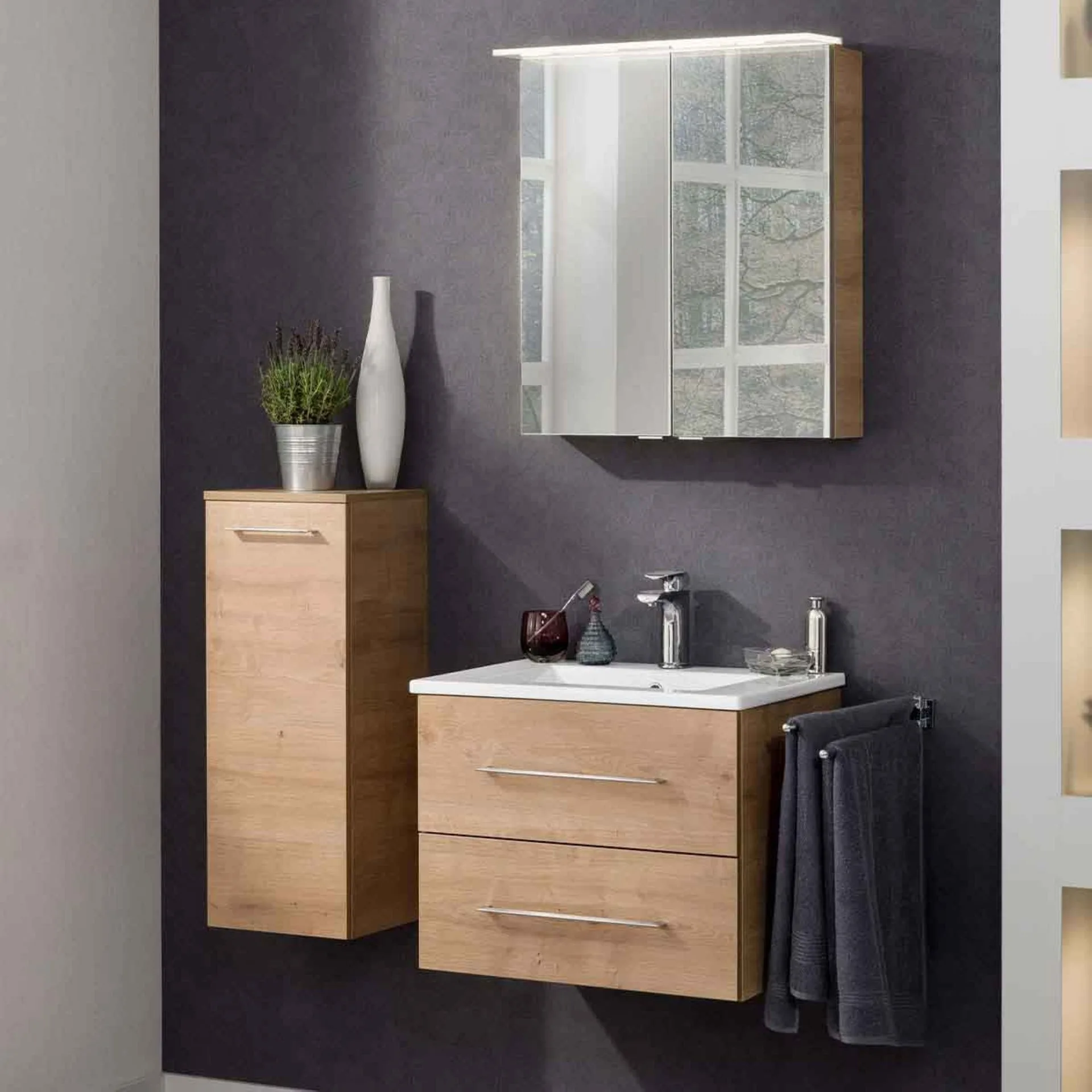 FACKELMANN B.PERFEKT Waschtisch Set mit Spiegelschrank 62 cm breit, Braun hell, Waschbecken Keramik