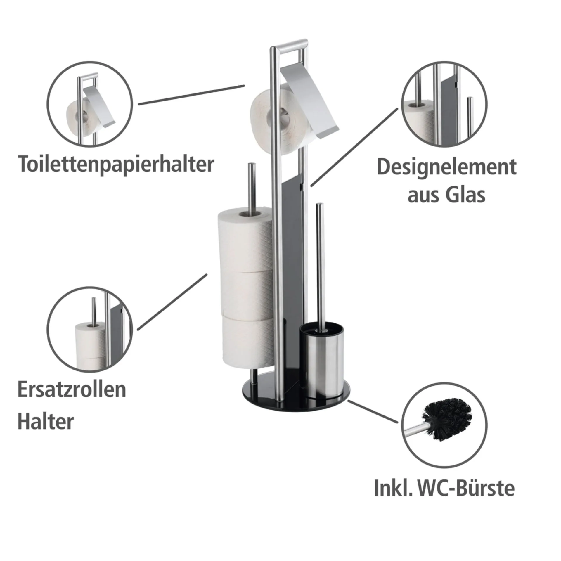WENKO RAVINA WC-Garnitur, Schwarz/Silber, mit Toilettenpapierhalter und Bevorrater, stehend