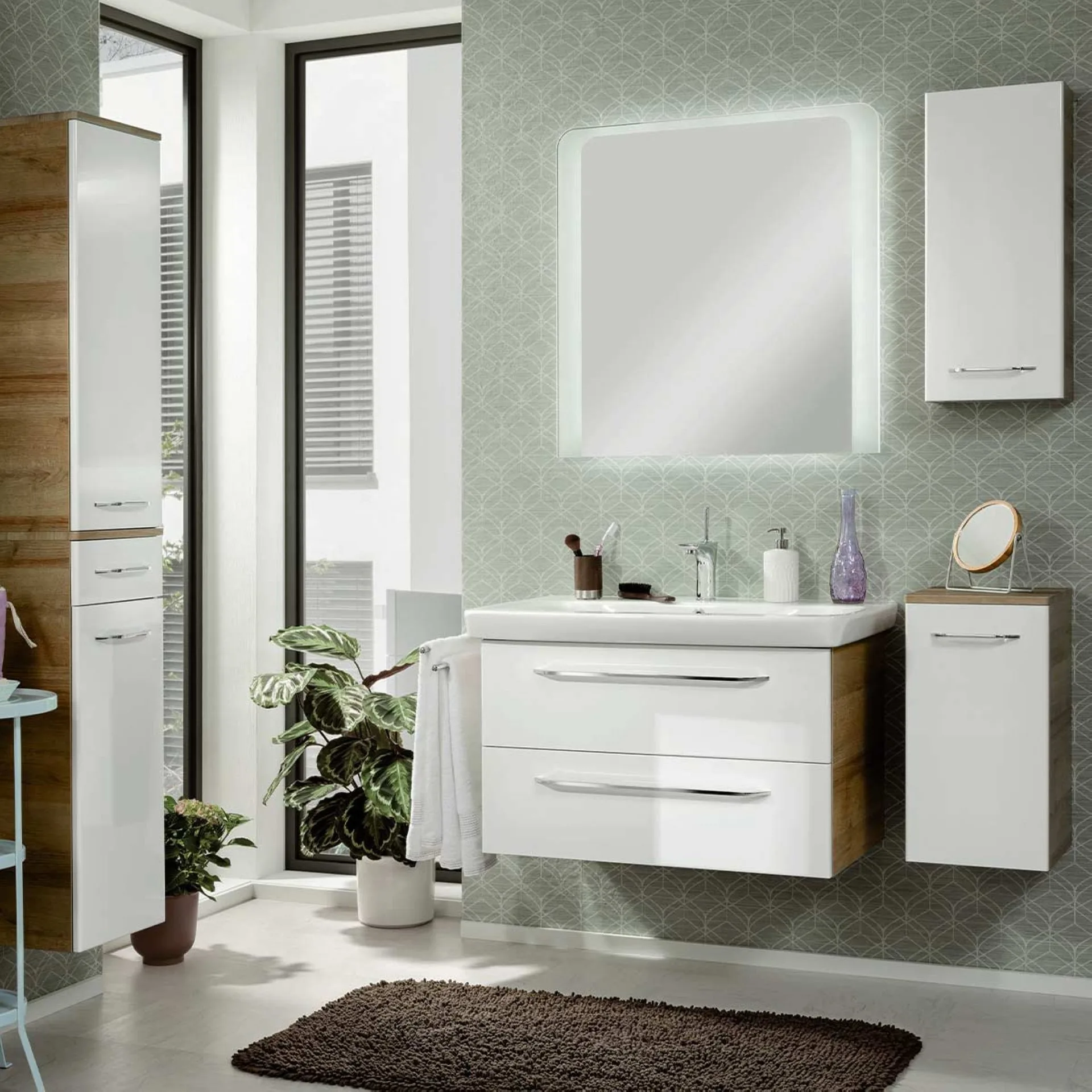 FACKELMANN MILANO Waschtisch Set mit Spiegel 88 cm breit, Weiß/Braun hell, Waschbecken Keramik Weiß