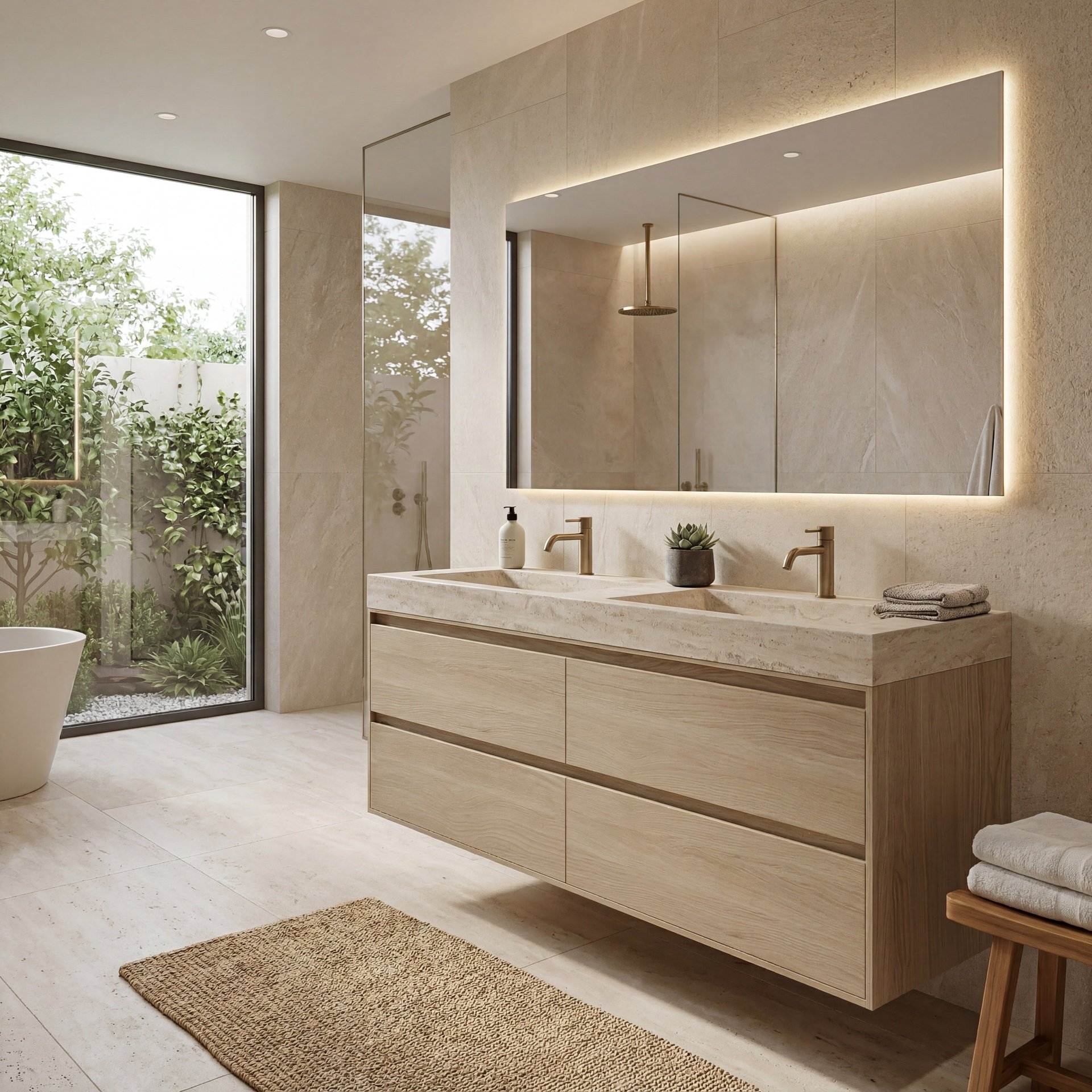 FORZALAQUA IBIZA BELLEZZA Waschbecken mit Unterschrank 140 cm breit, Braun hell, Doppelwaschbecken Naturstein Travertin matt mit zwei Hahnlöchern, 4 Schubladen