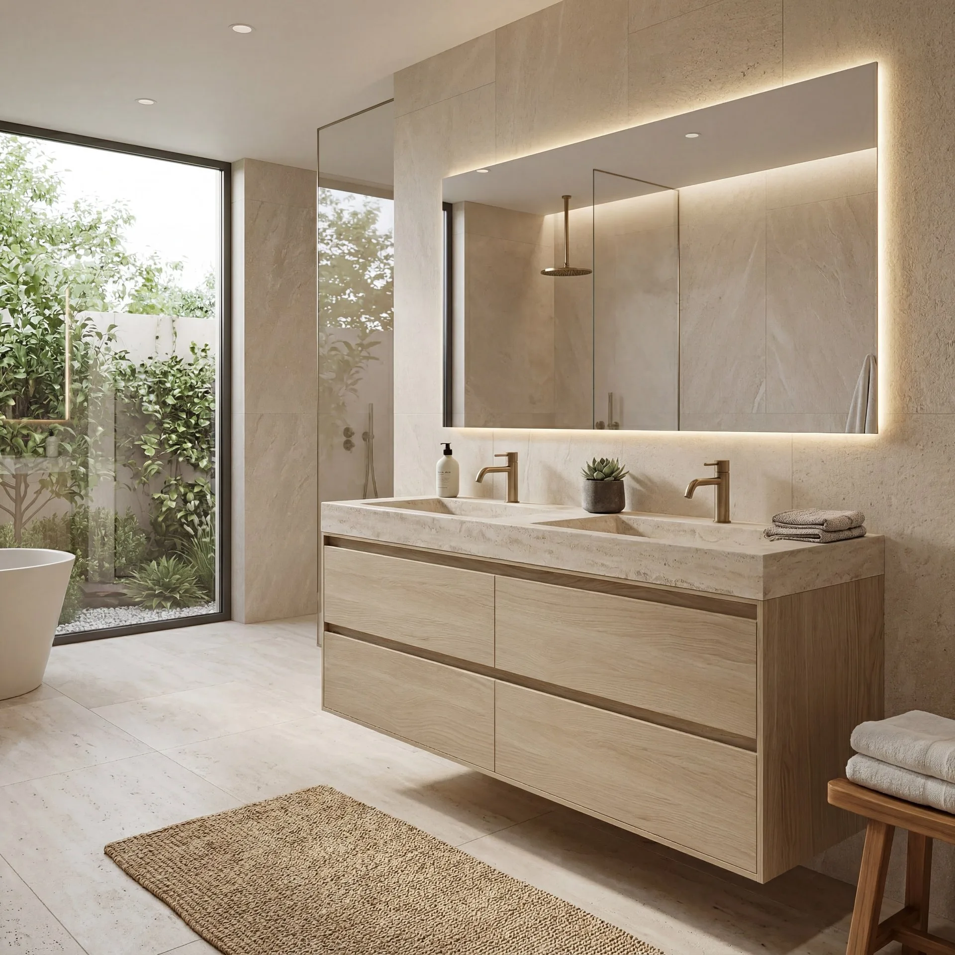 FORZALAQUA IBIZA BELLEZZA Waschbecken mit Unterschrank 140 cm breit, Braun hell, Doppelwaschbecken Naturstein Travertin matt mit zwei Hahnlöchern, 4 Schubladen
