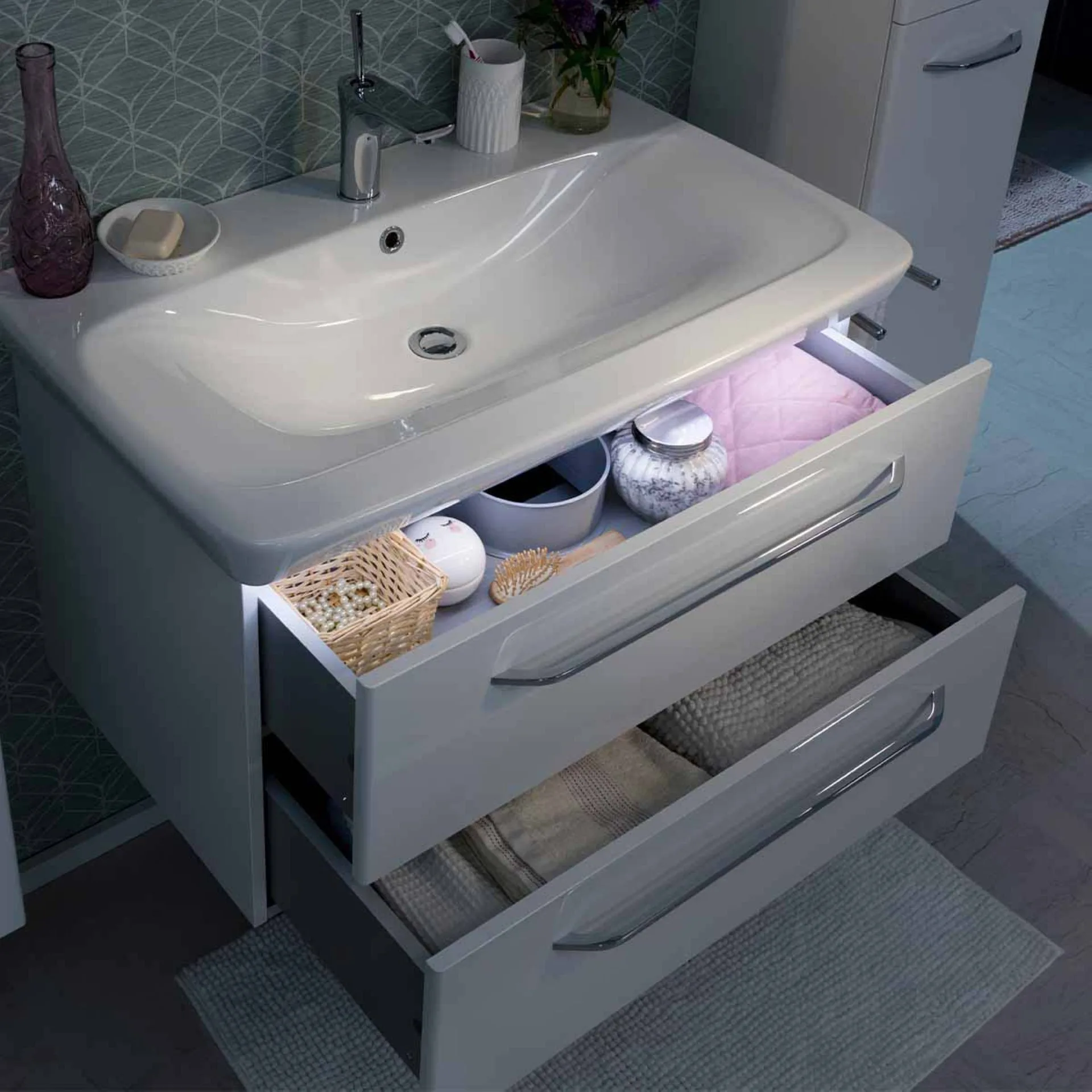 FACKELMANN MILANO Waschbecken mit Unterschrank 88 cm breit, Weiß, Waschbecken Keramik Weiß + Waschbeckenbeleuchtung