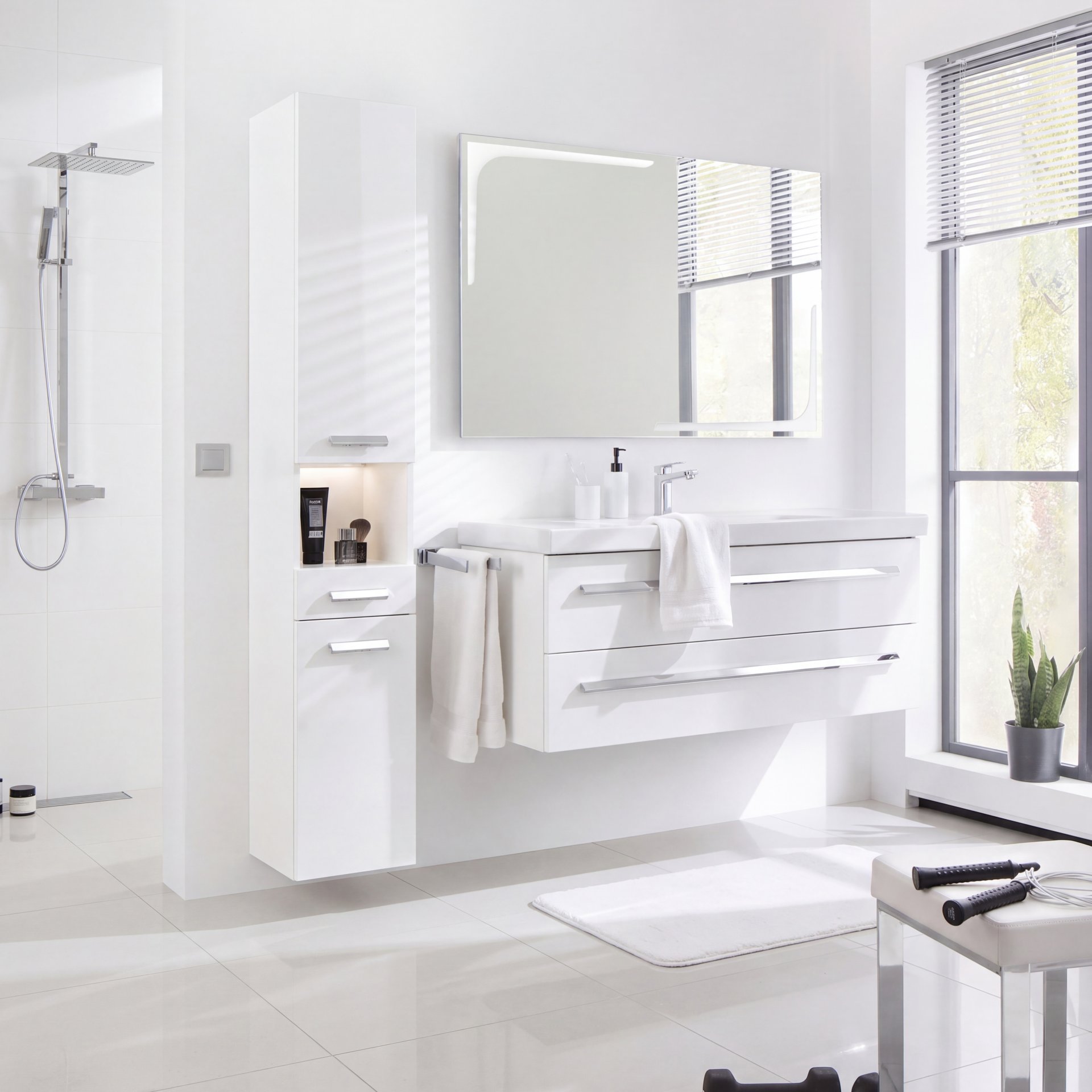 BADEDU TESSANO Waschbecken mit Unterschrank 120 cm breit, Weiß, Waschbecken Keramik Weiß