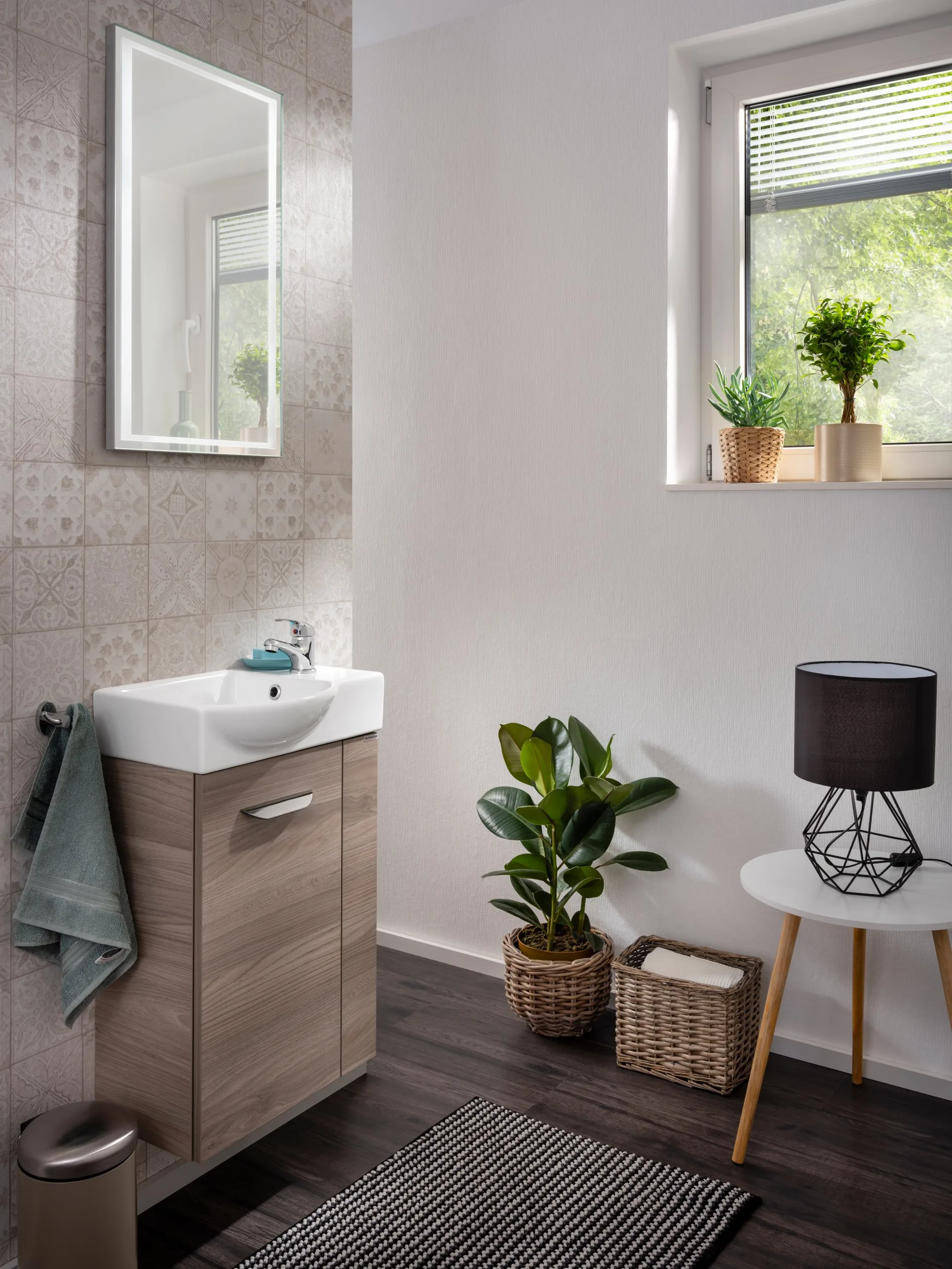 FACKELMANN SBC LUXOR Gäste WC Waschtisch Set 45 cm breit, Braun hell, Waschbecken Keramik Weiß, Türanschlag links