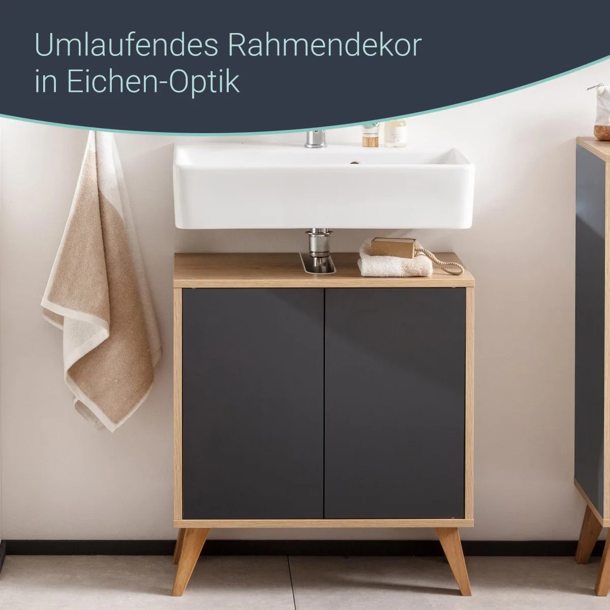 FACKELMANN FINN Waschbecken mit Unterschrank 60 cm breit, Anthrazit/Braun hell, Waschbecken Keramik Weiß