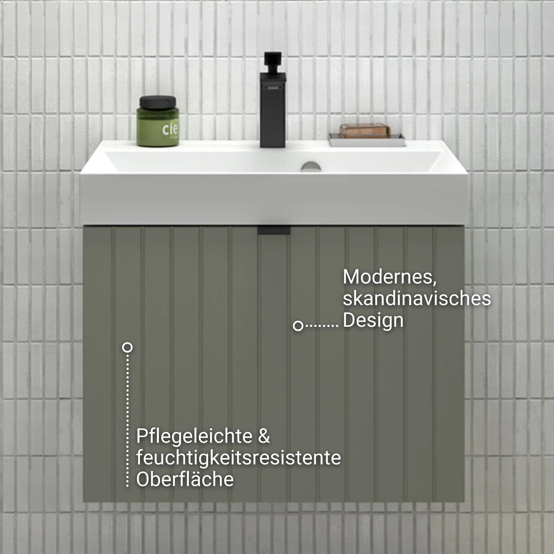 BADEDU ESLA Waschbecken mit Unterschrank 59 cm breit, Grün, Waschbecken Gussmarmor Weiß