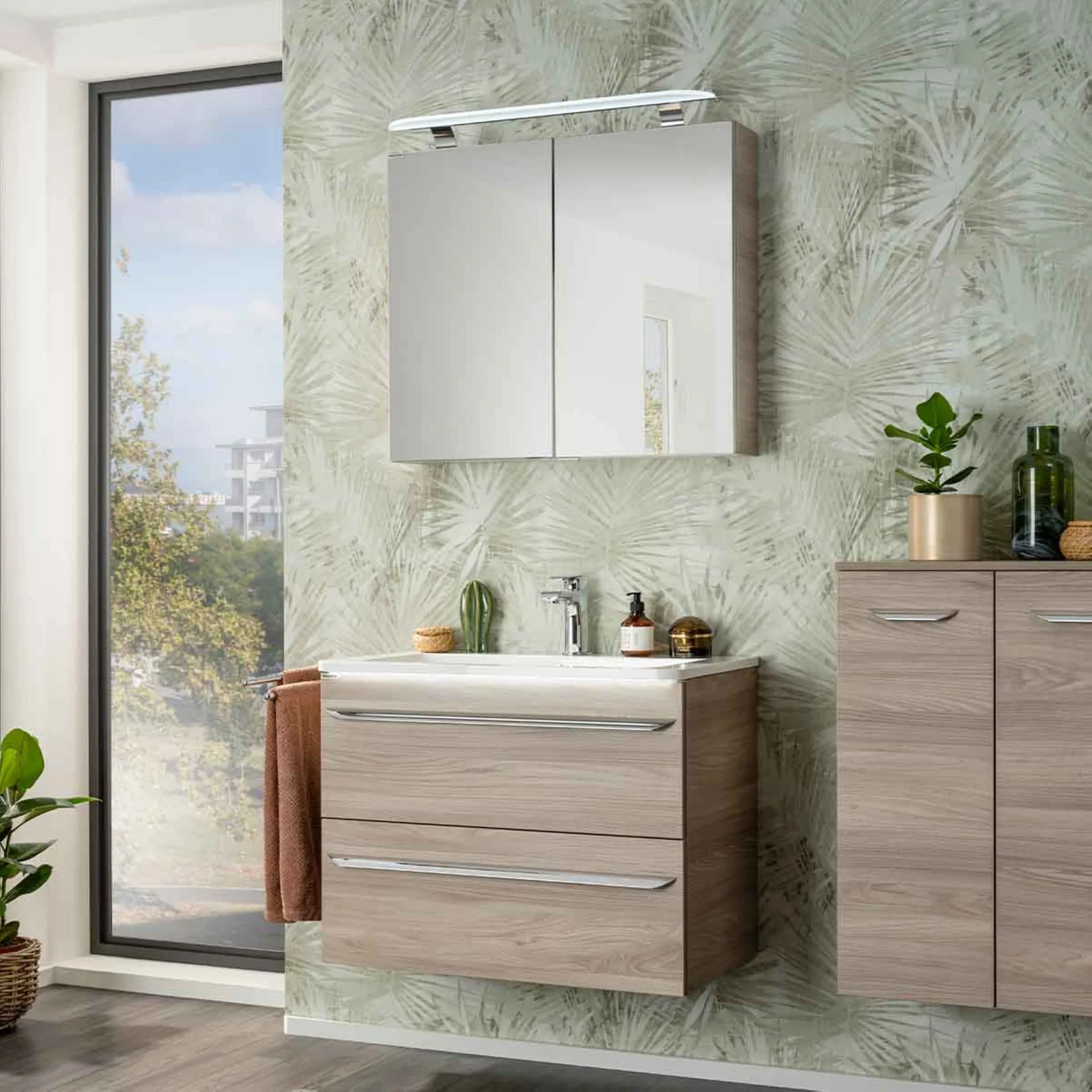 FACKELMANN LUXOR Waschtisch Set mit Spiegelschrank 80 cm breit, Braun hell, Waschbecken Gussmarmor Weiß
