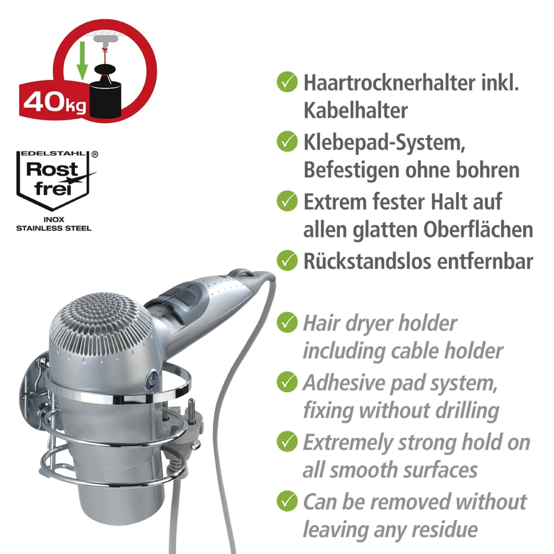 WENKO TURBO LOC Fönhalter, Chrom, Befestigen ohne Bohren