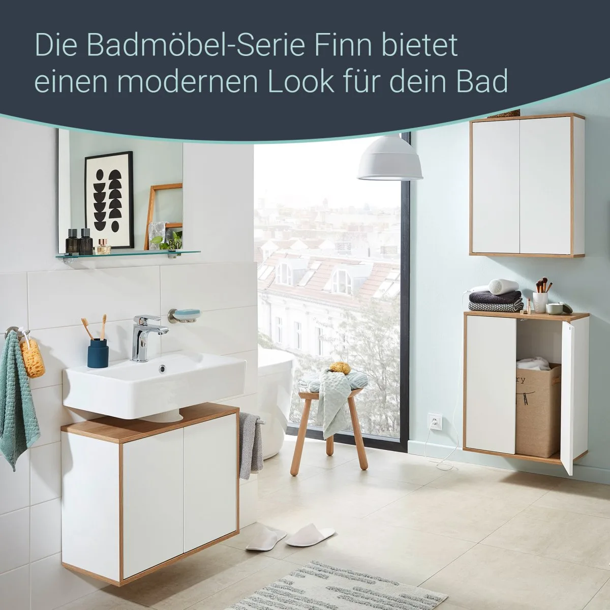 FACKELMANN FINN Waschbecken mit Unterschrank 60 cm breit, Weiß/Braun hell, Waschbecken Keramik Weiß