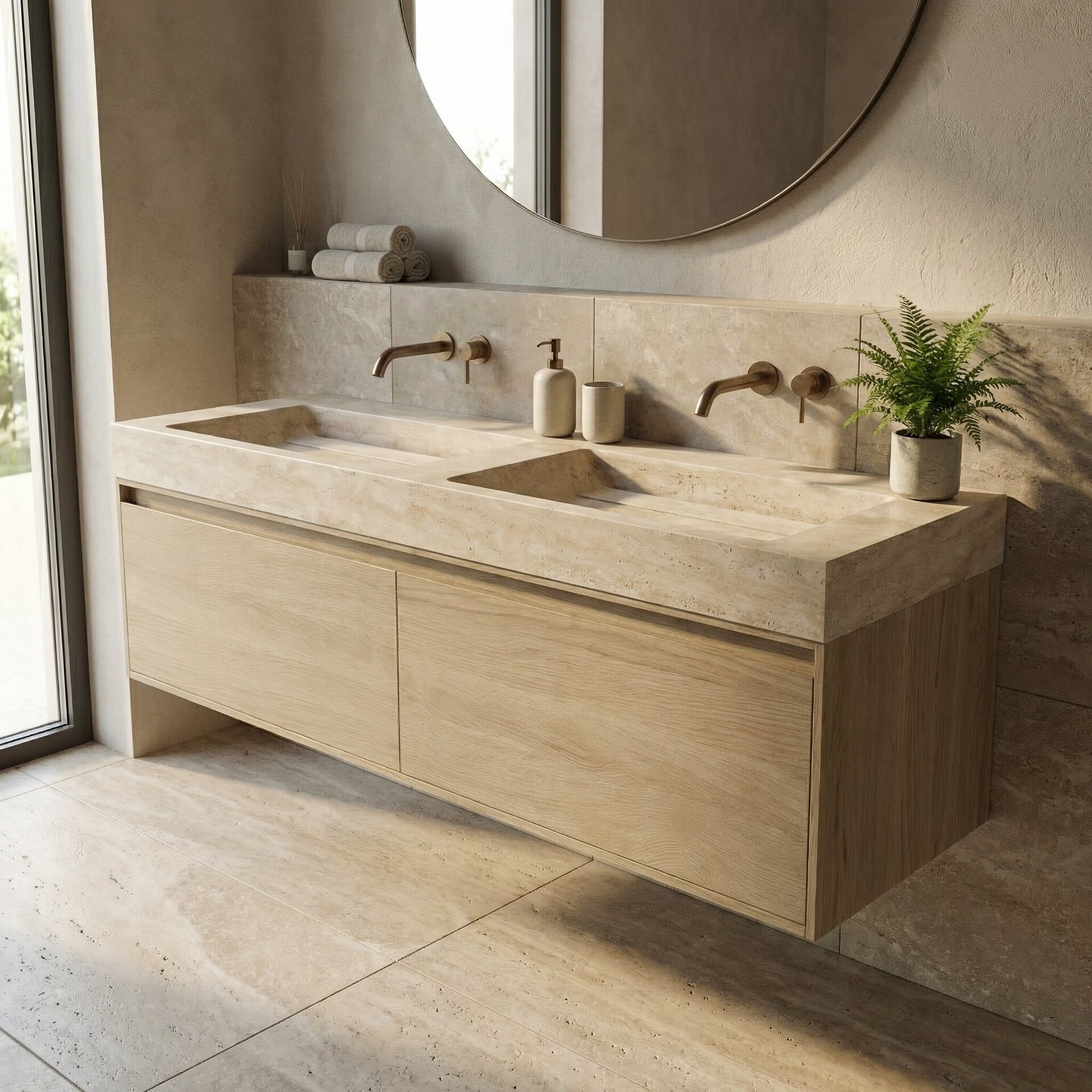 FORZALAQUA IBIZA BELLEZZA Waschbecken mit Unterschrank 140 cm breit, Braun hell, Doppelwaschbecken Naturstein Travertin matt ohne Hahnloch, 2 Schubladen