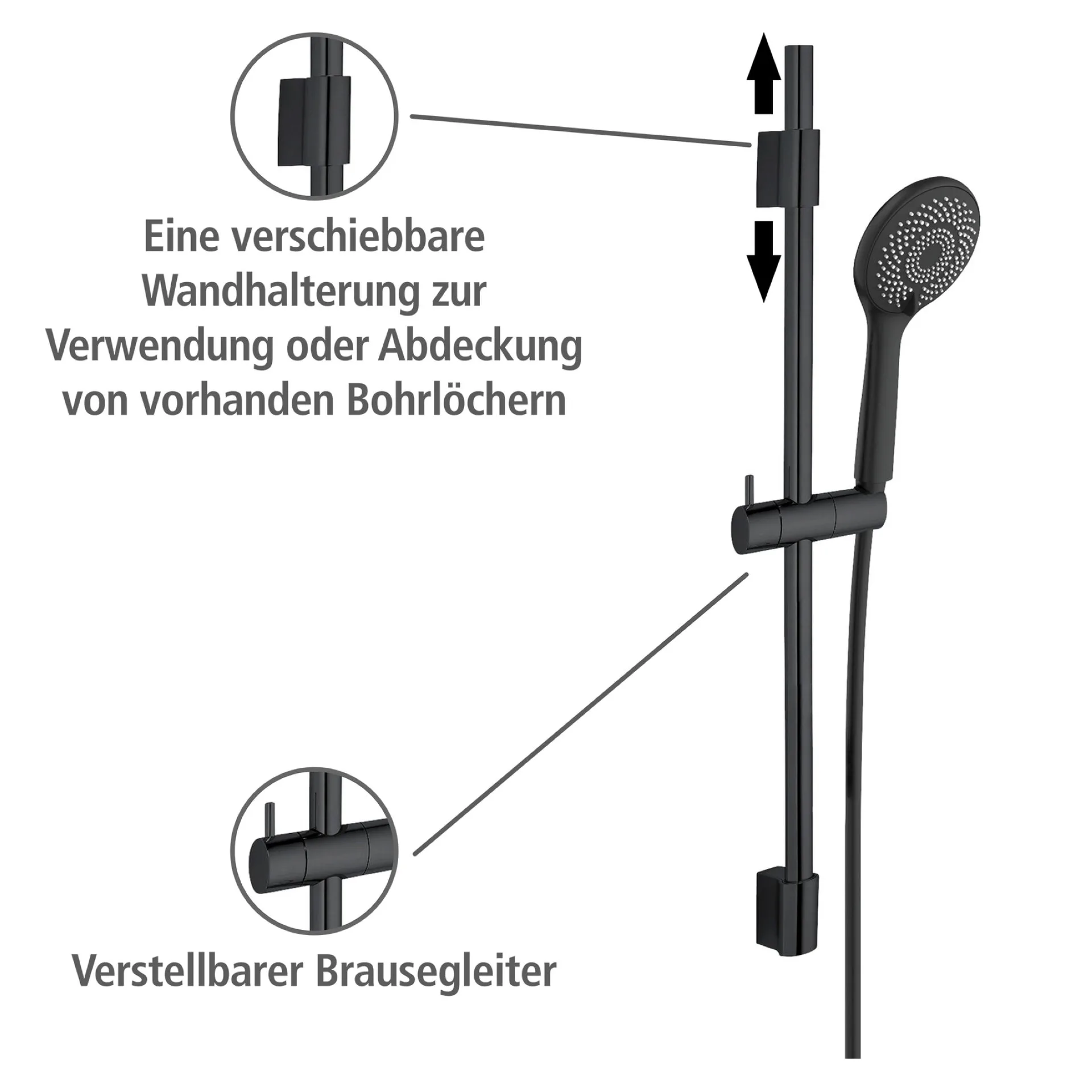 WENKO Stangenbrause Set 70 cm, Schwarz, mit Wassersparsystem, 3 verschiedene Wasserstrahlarten, Edelstahl