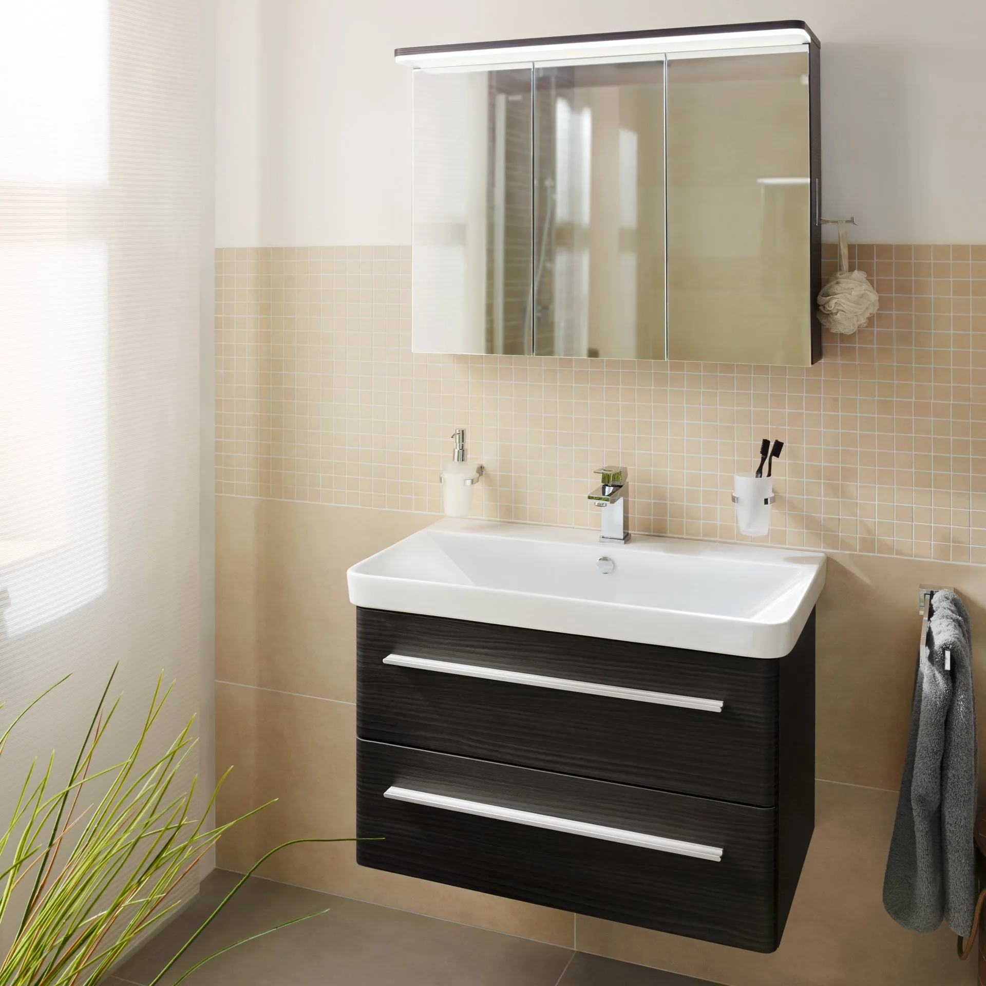LANZET K8 Waschtisch Set mit Spiegelschrank 80 cm breit, Anthrazit Holzoptik, Waschbecken Keramik Weiß
