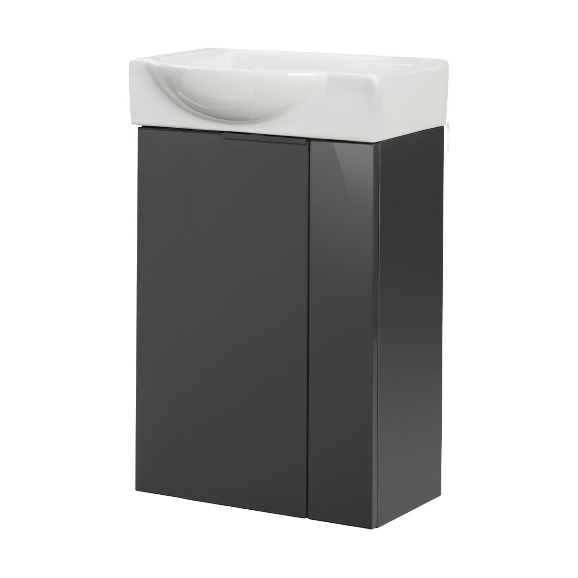 FACKELMANN SBC LUNA Gäste WC Waschtisch Set 45 cm breit, Anthrazit, Waschbecken Keramik Weiß, Türanschlag linksamik Hahnloch rechts