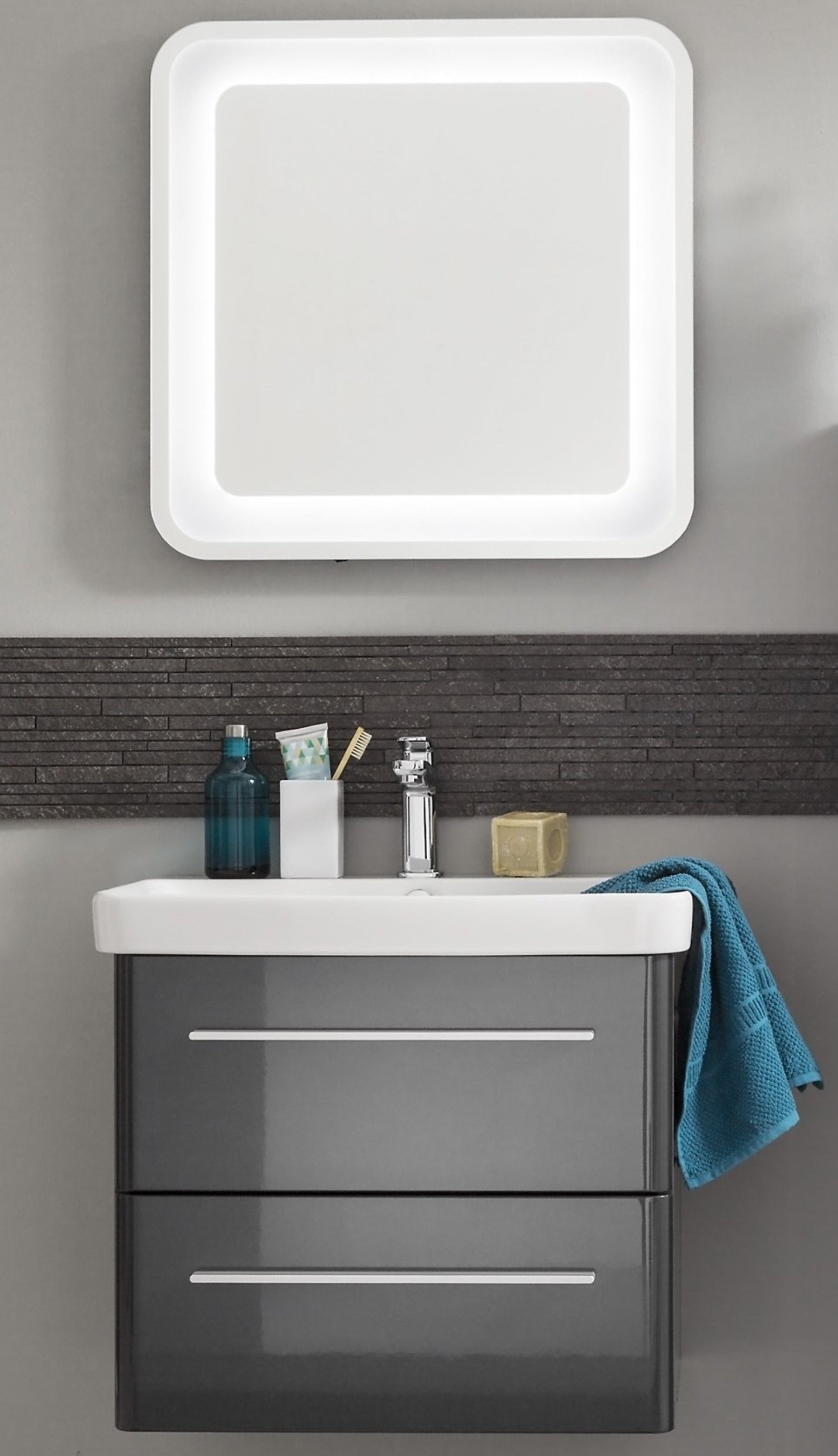 Lanzet K8 Badmöbel Set 3-teilig, 60cm, Grau, LED-Spiegelelement, Keramikbecken