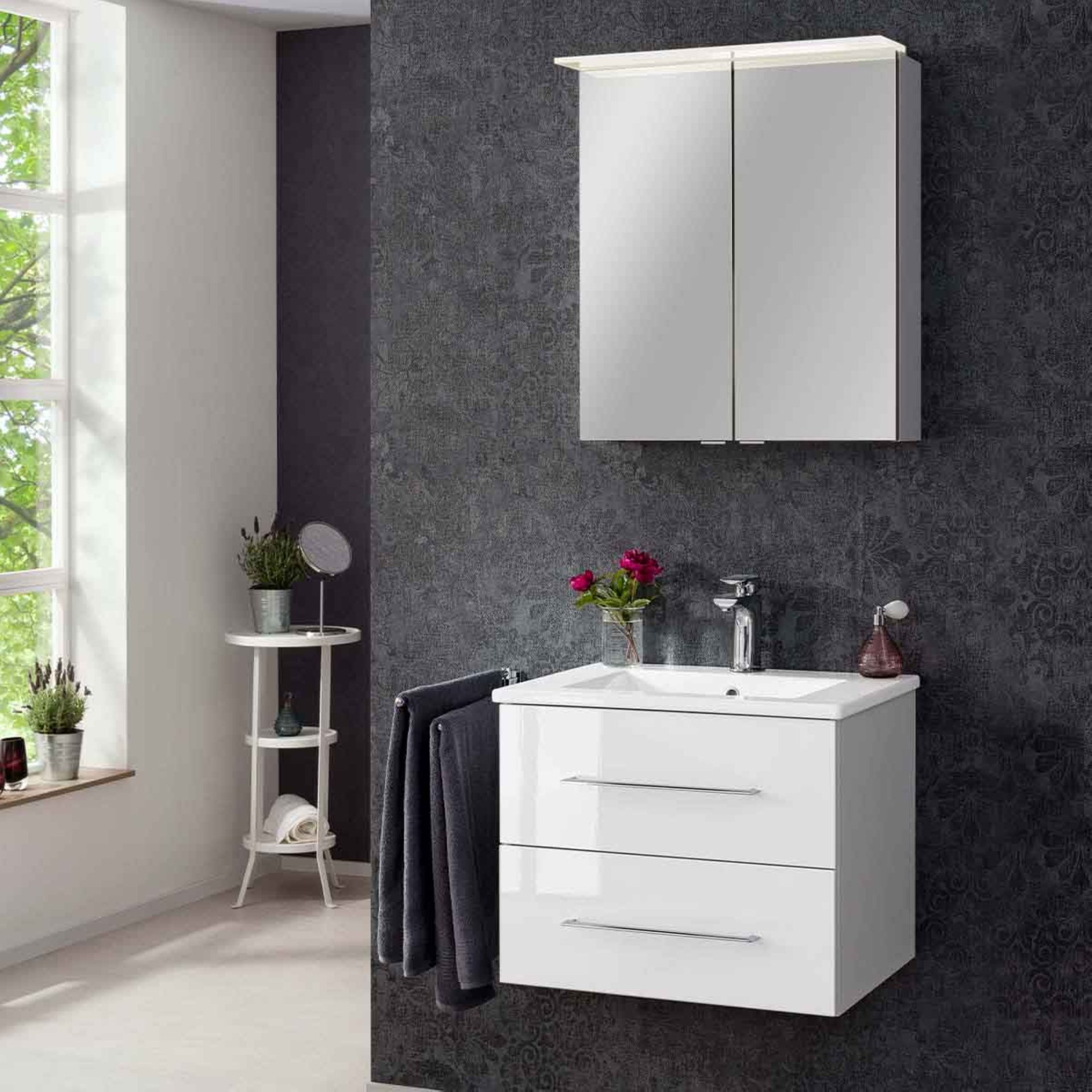 FACKELMANN B. PERFEKT Waschtisch Set mit Spiegelschrank 62 cm breit, Weiß, Waschbecken Keramik Weiß