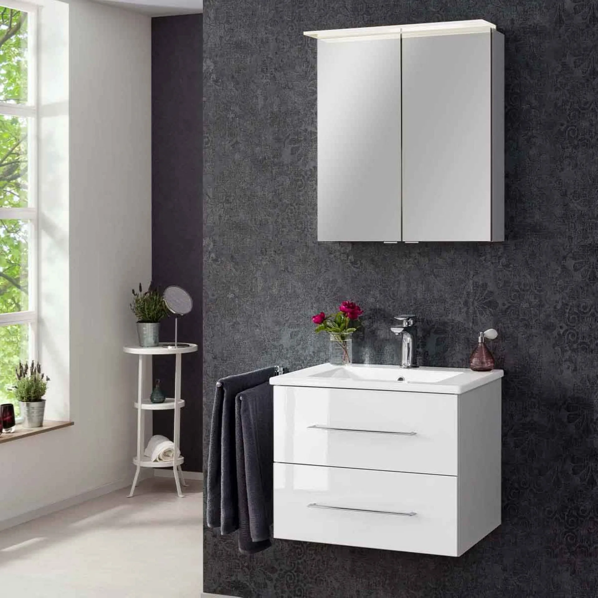 FACKELMANN B. PERFEKT Waschtisch Set mit Spiegelschrank 62 cm breit, Weiß, Waschbecken Keramik Weiß