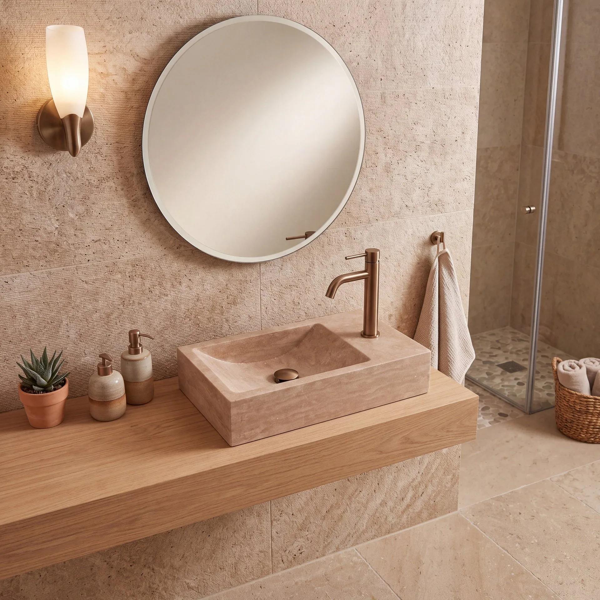 FORZALAQUA VENETIA Waschbecken 40 cm breit, Travertin, Naturstein, Hahnloch rechts