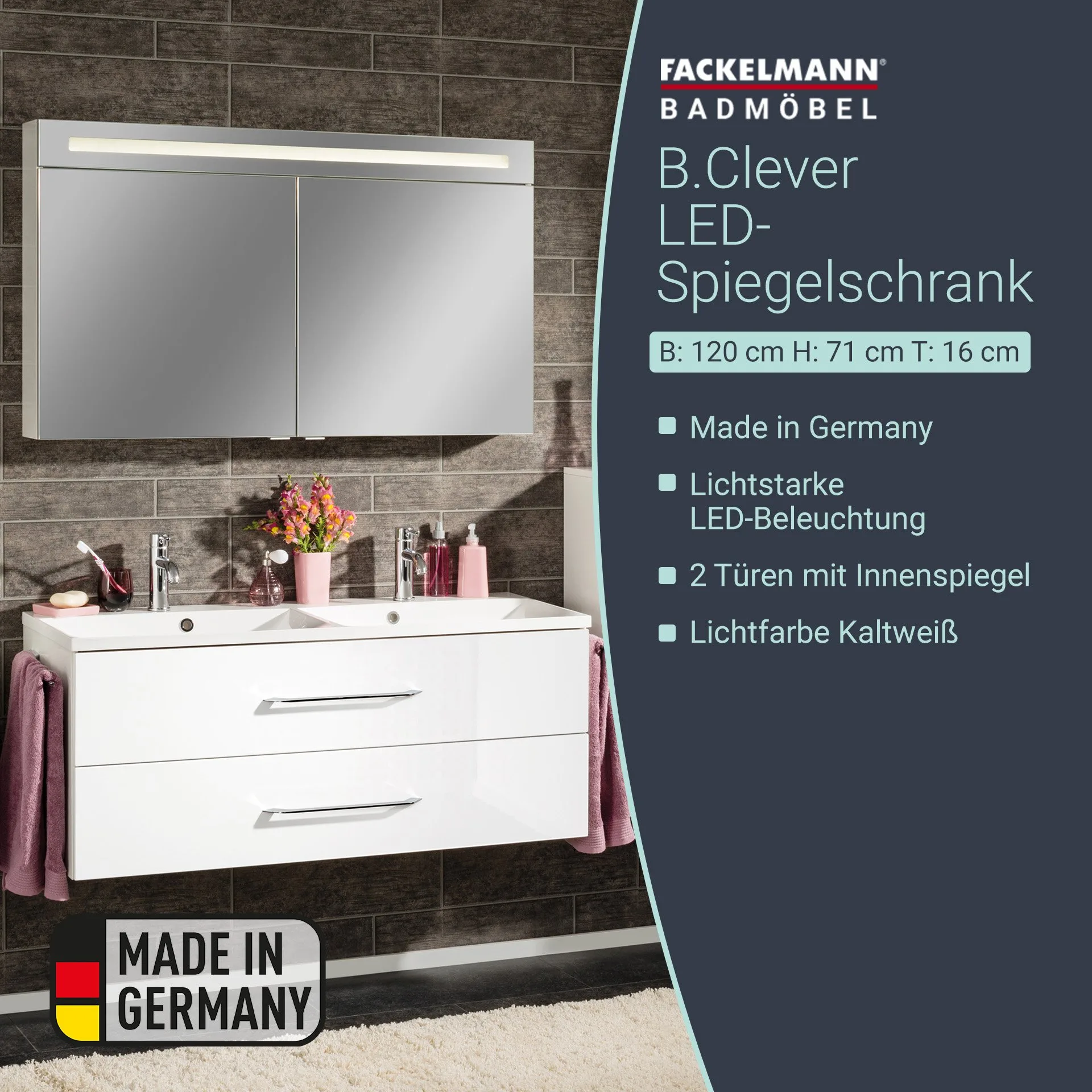 FACKELMANN B.CLEVER LED Spiegelschrank 120 cm breit, Weiß, 2 Türen