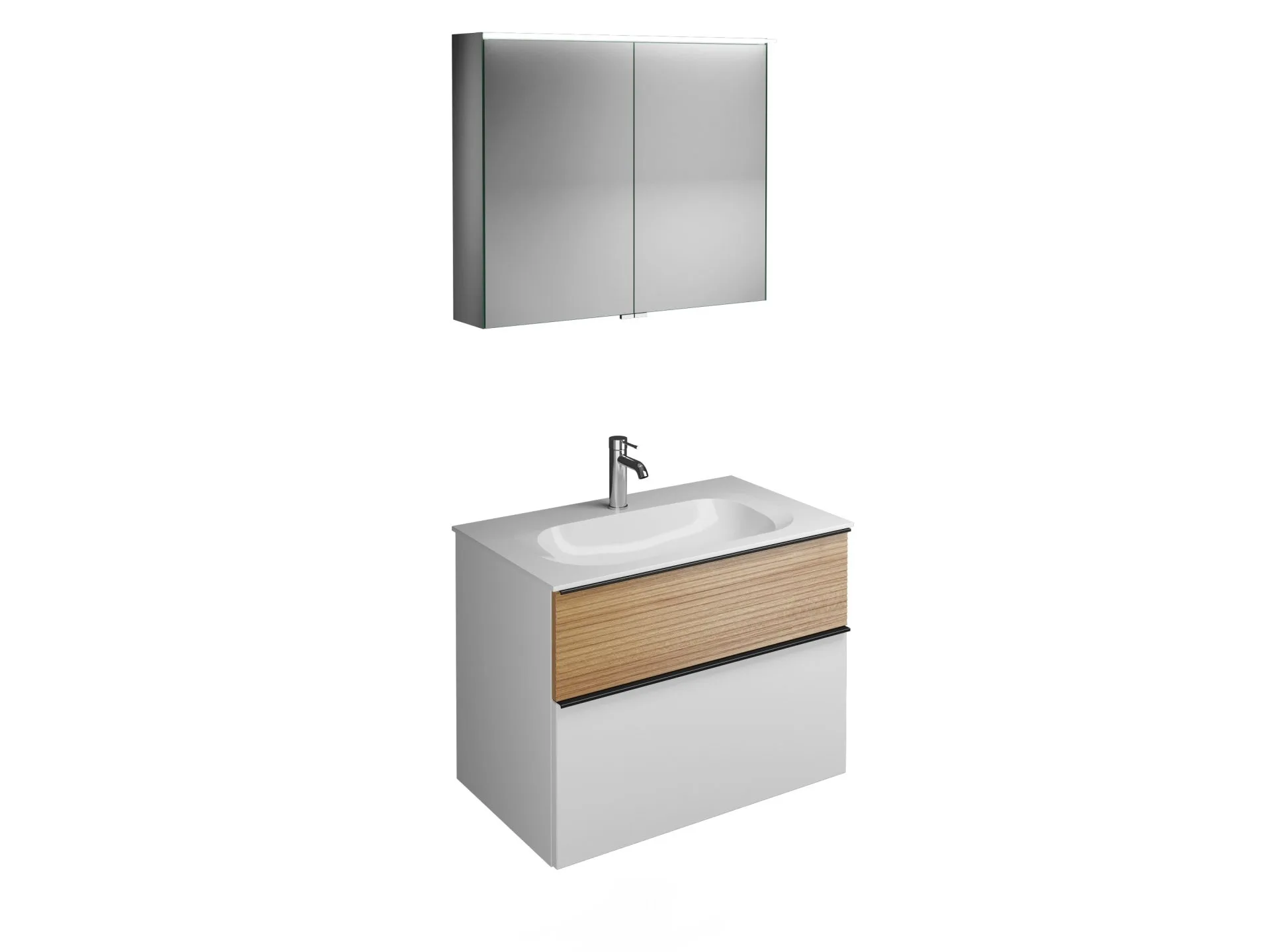 Burgbad FIUMO Waschtisch Set mit Spiegelschrank 82 cm breit, Braun/Weiß, Waschbecken Gussmarmor Weiß