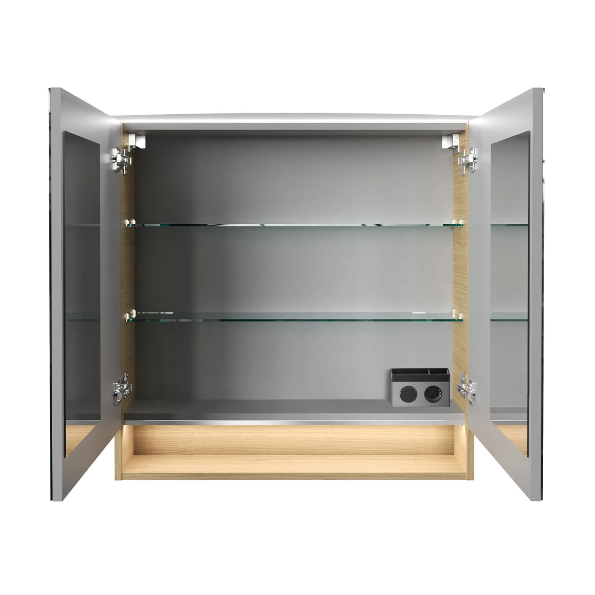 FACKELMANN B.STYLE Badmöbel Set 4-teilig 83 cm breit, Braun, Waschbecken Gussmarmor Weiß + LED-Spiegelschrank + Midischrank Türanschlag rechts