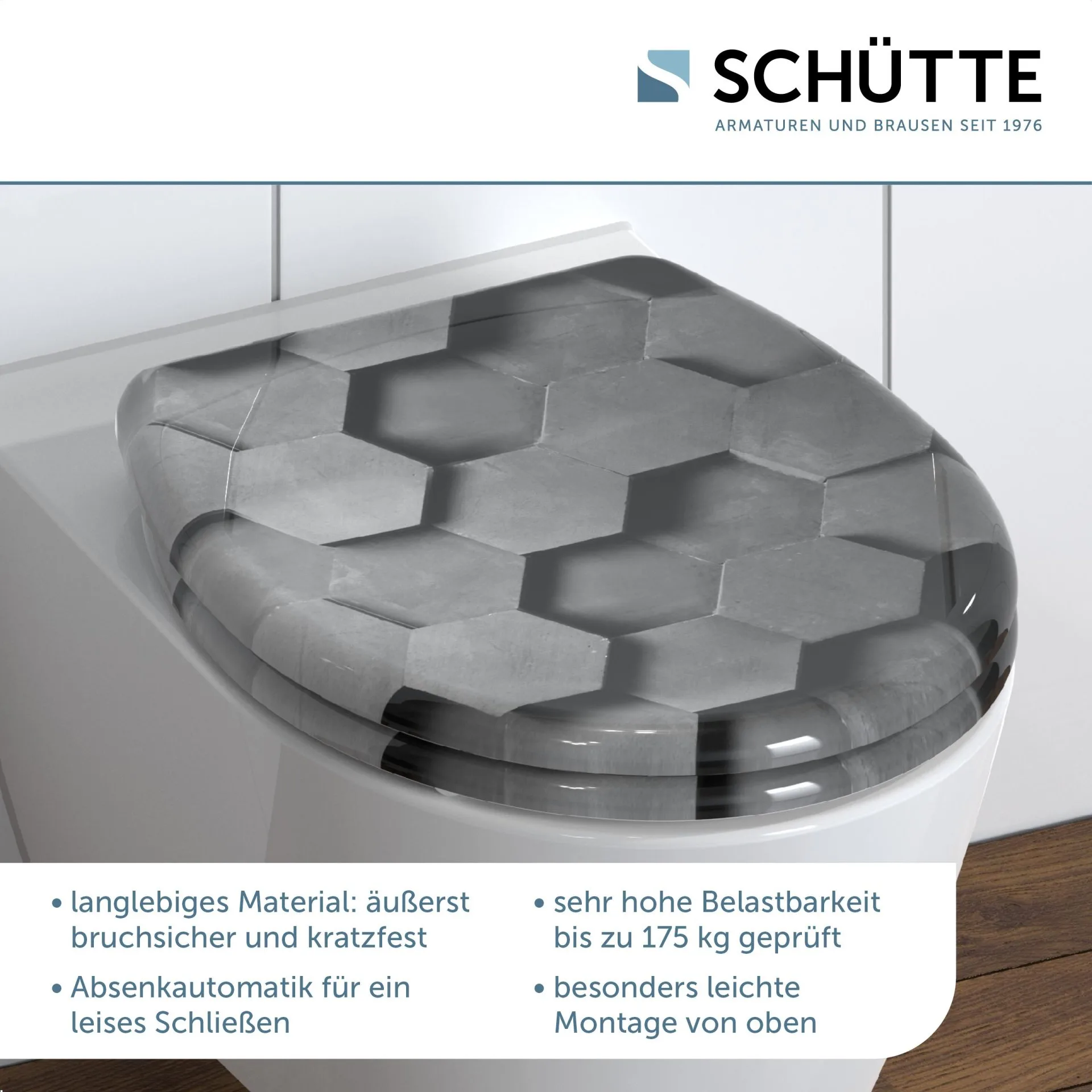 SCHÜTTE GREY HEXAGONS WC-Sitz, Kunststoff, mit Absenkautomatik und Schnellverschluss