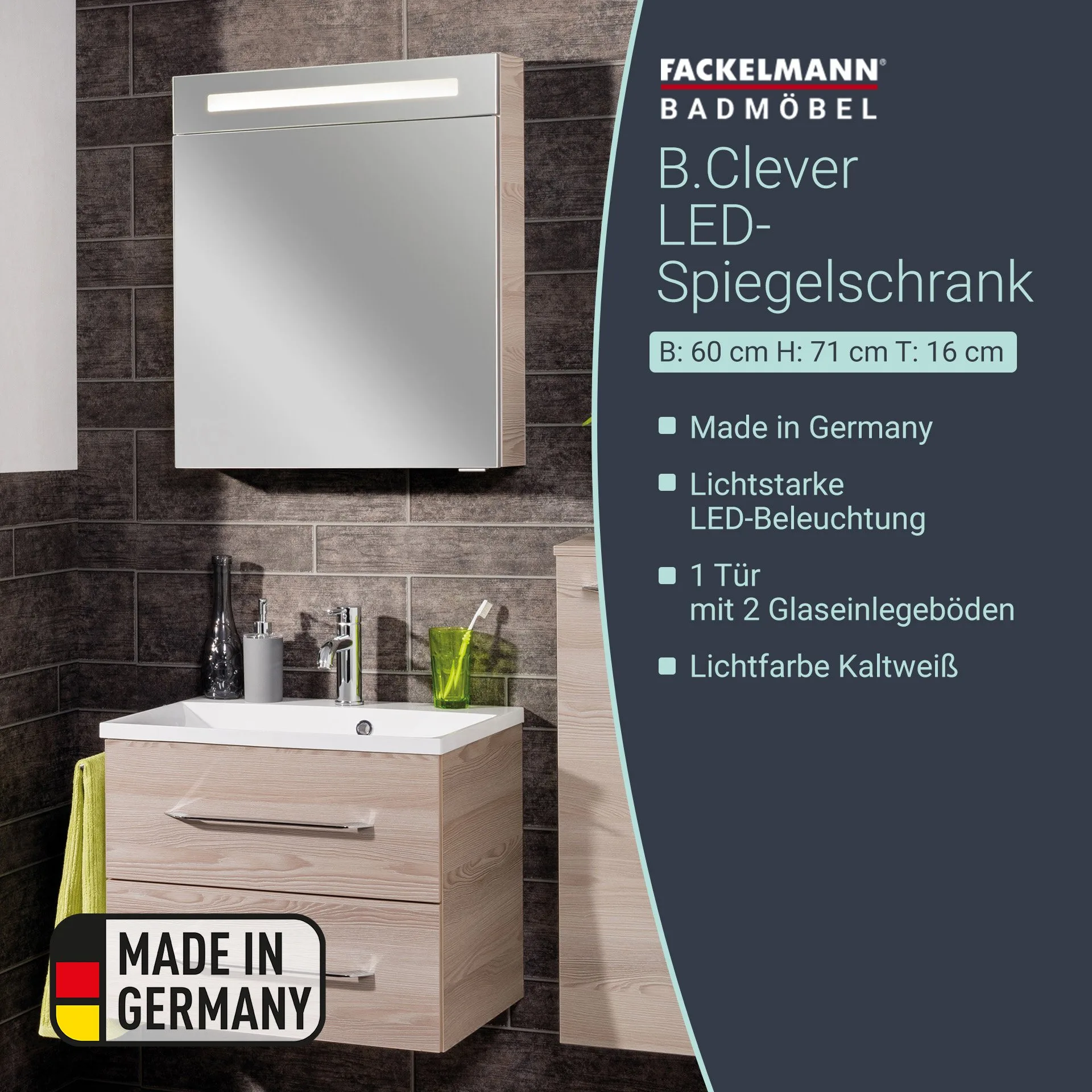 FACKELMANN B.CLEVER LED Spiegelschrank 60 cm breit, Braun hell