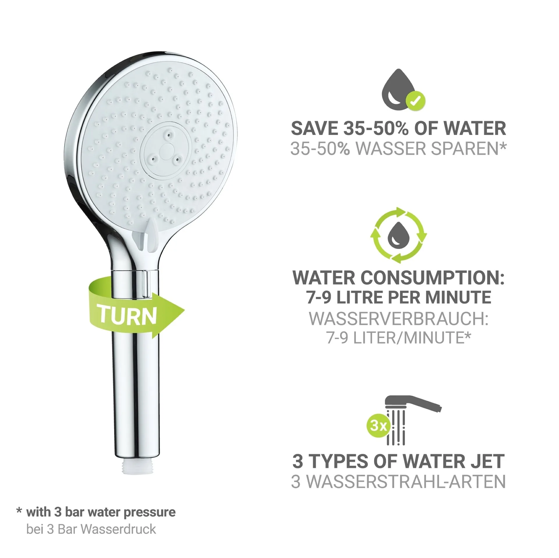 WENKO Duschkopf Ø 12 cm, Chrom/Weiß, mit Wassersparsystem, 3 verschiedene Wasserstrahlarten