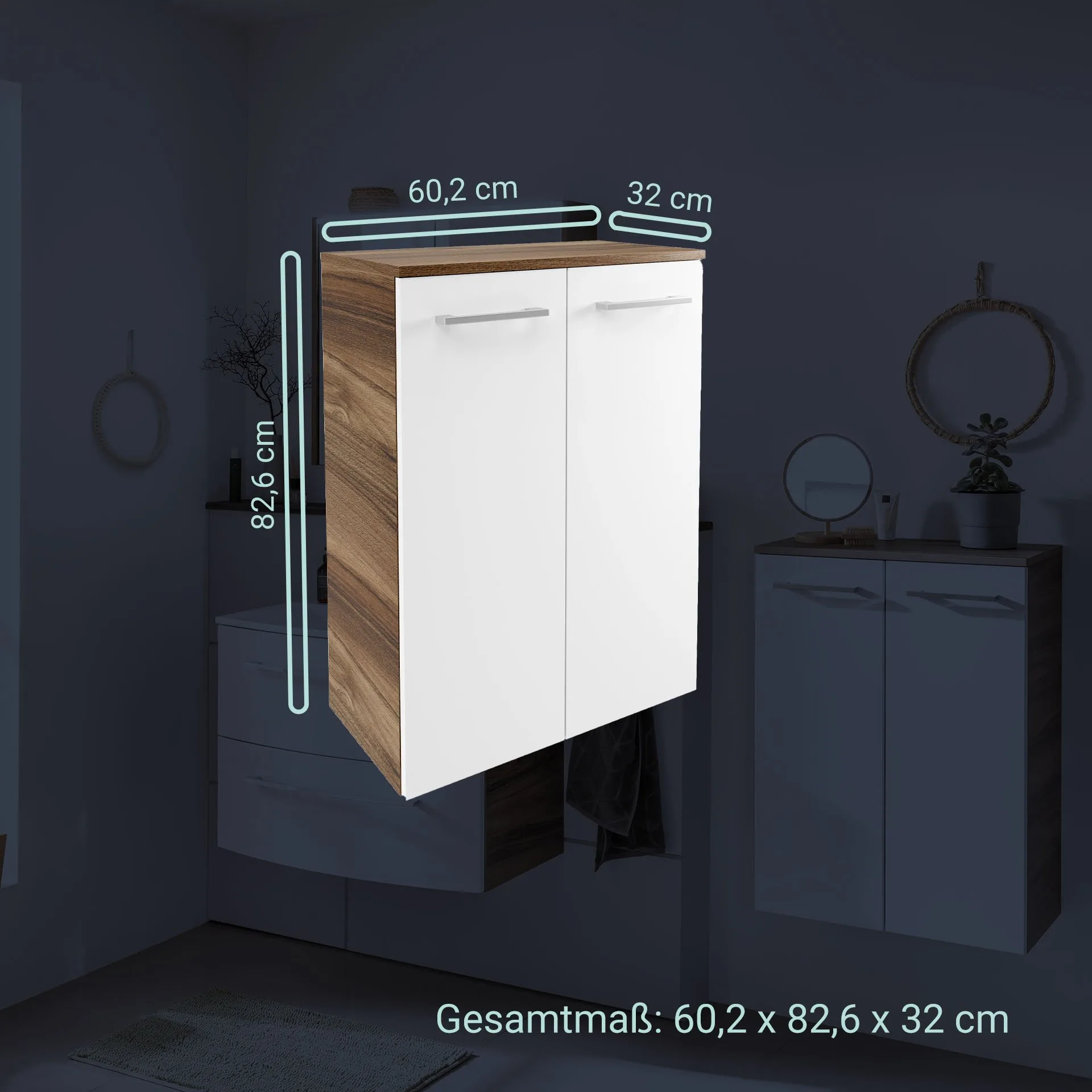 FACKELMANN VERONA Doppel Midischrank 60 cm breit, Weiß Hochglanz/Braun Dunkel, mit Schublade