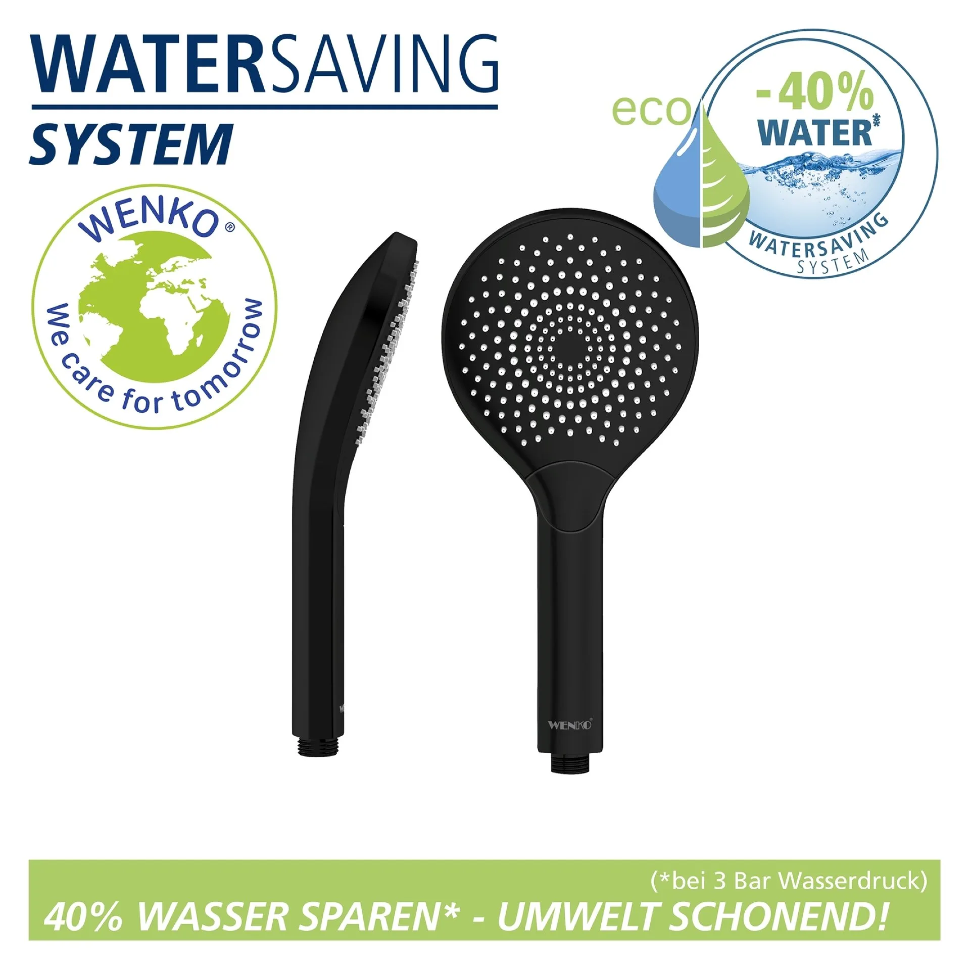 WENKO Duschkopf Ø 12 cm, Schwarz, mit Wassersparsystem, 3 verschiedene Wasserstrahlarten