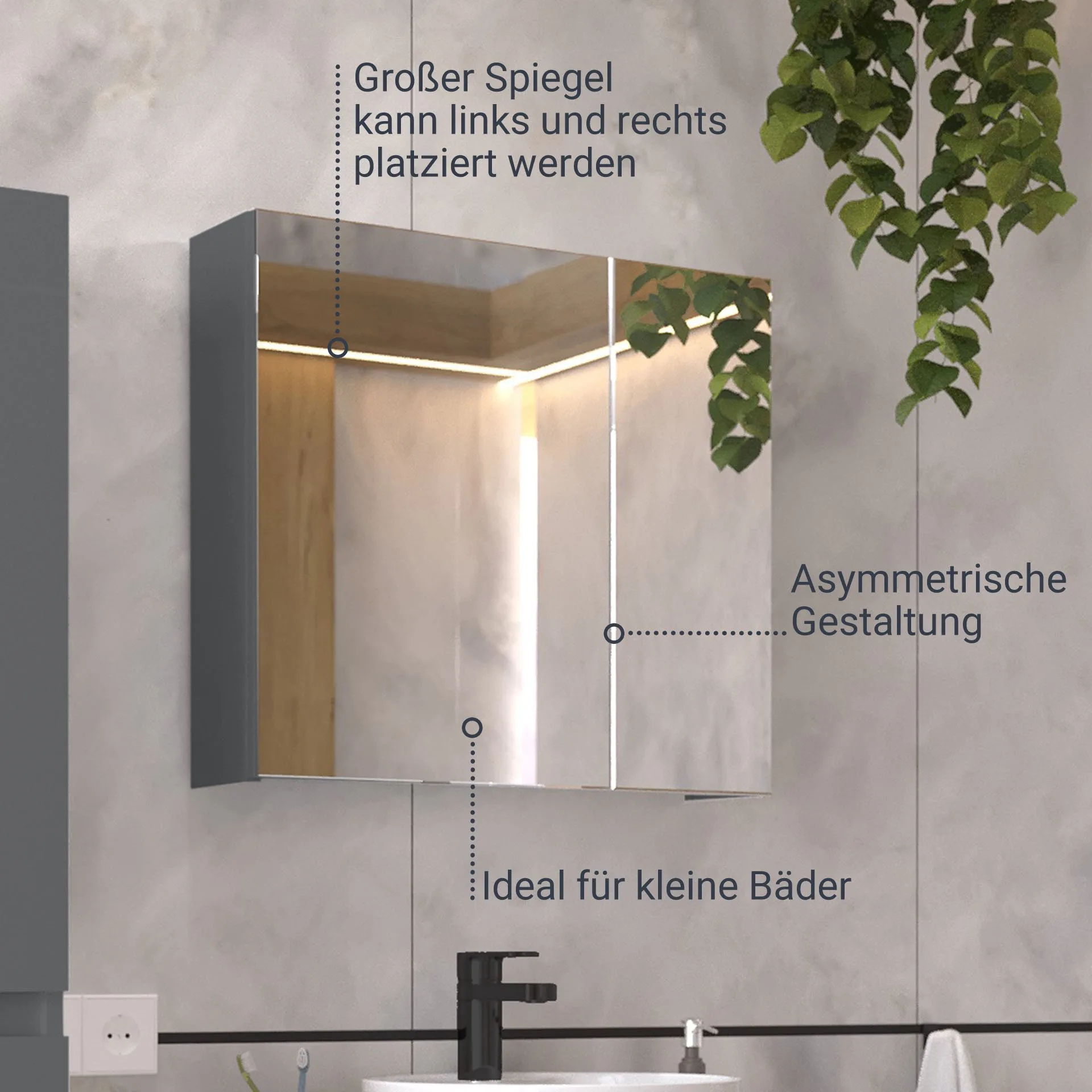 BADEDU GERS Spiegelschrank 60 cm breit, Grau
