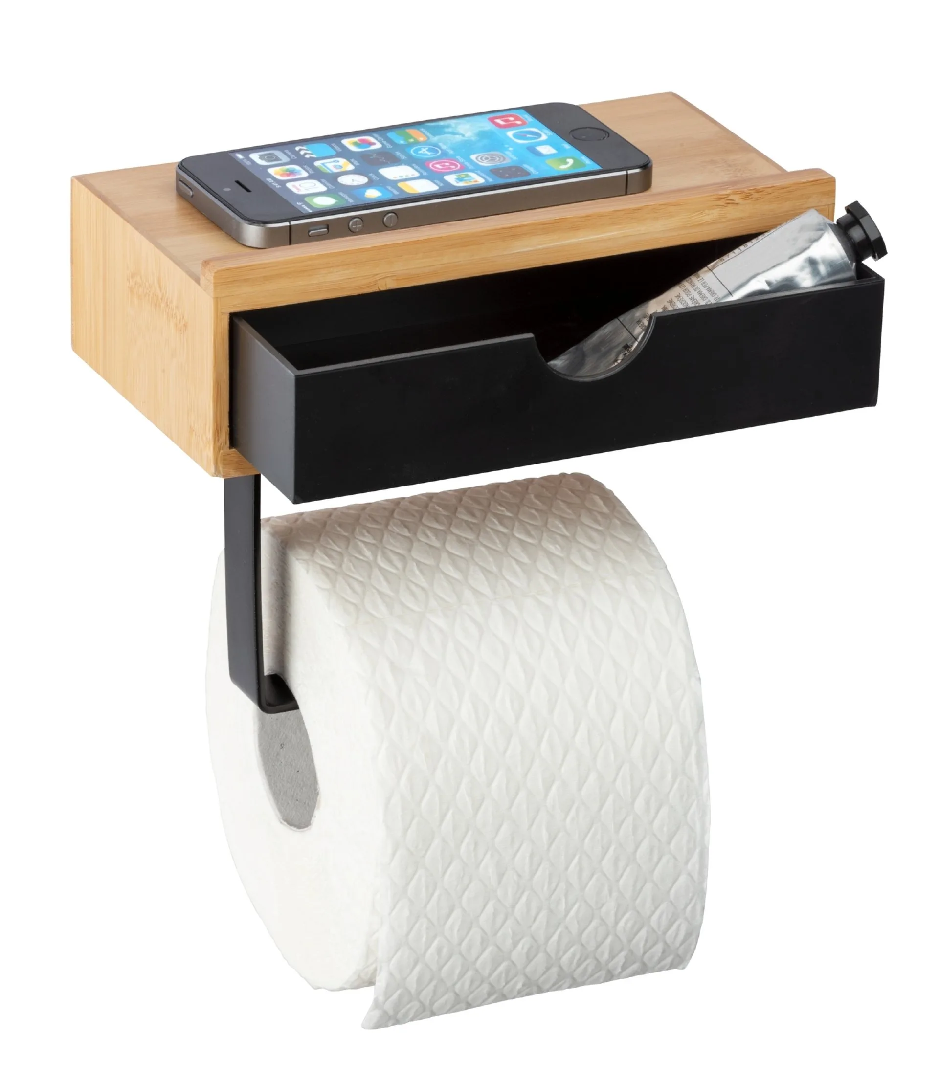 WENKO BAMBUSA Toilettenpapierhalter, Braun/Schwarz, mit Schublade